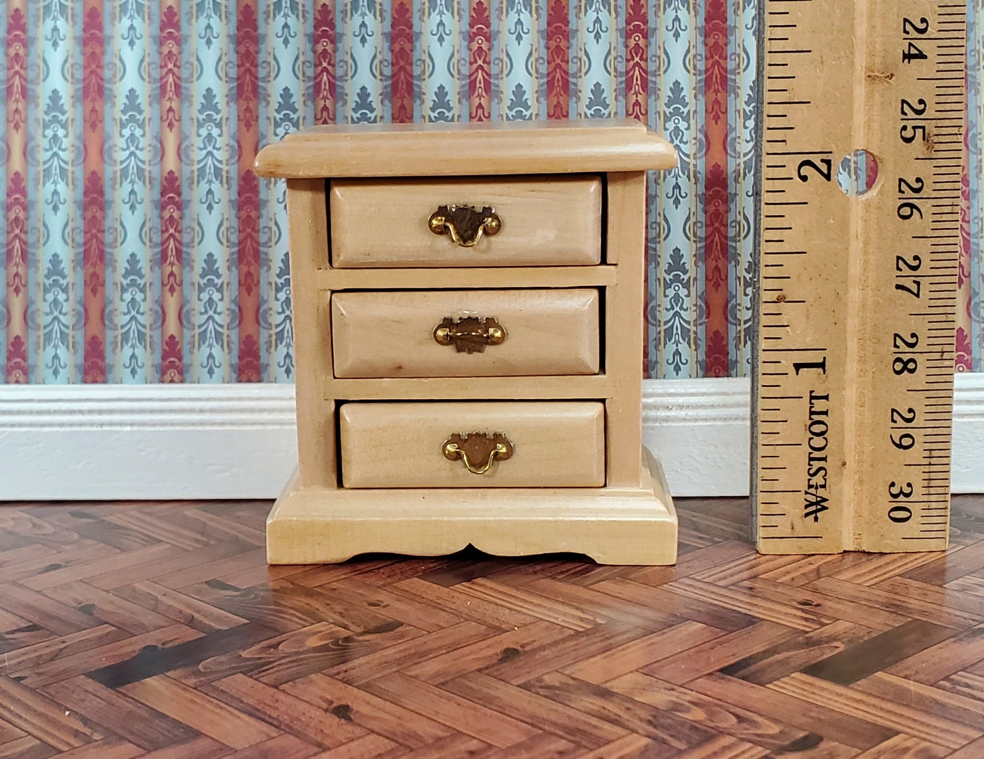 Dollhouse Side Table or Nightstand with 3 Drawers Light Oak 1:12 Scale Miniature Furniture