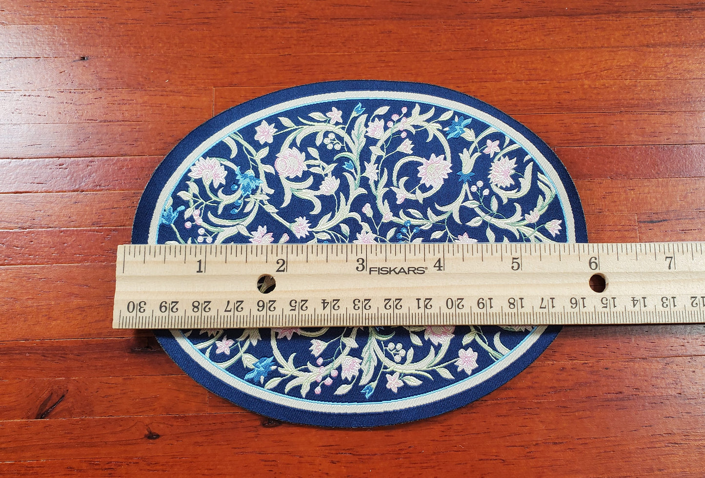 Dollhouse Oval Rug Fabric Navy Blue Pink Floral 1:12 Scale Miniature