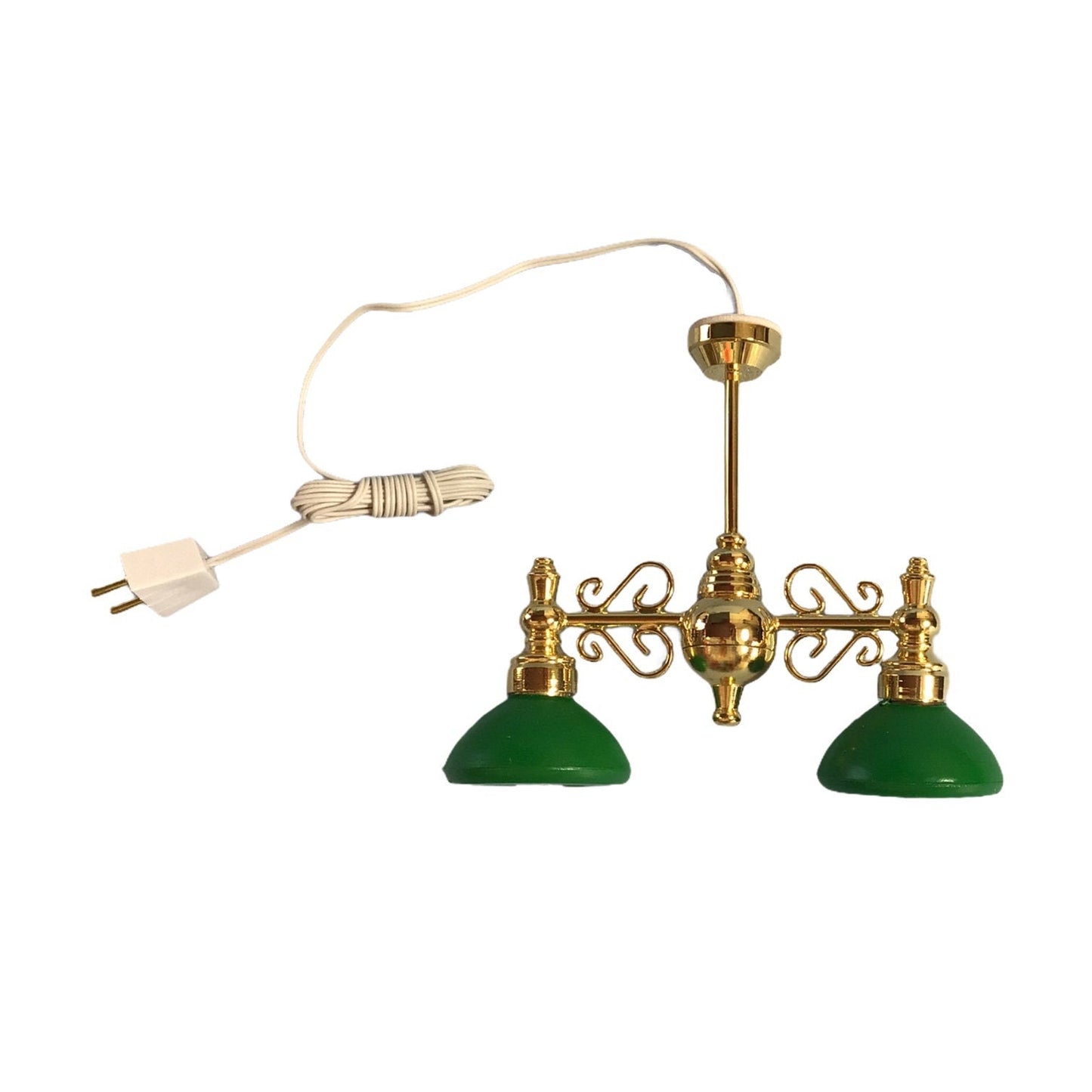 Dollhouse Ceiling Light 2 Arm Green Shades 1:12 Scale Miniature 12 Volt w/ Plug