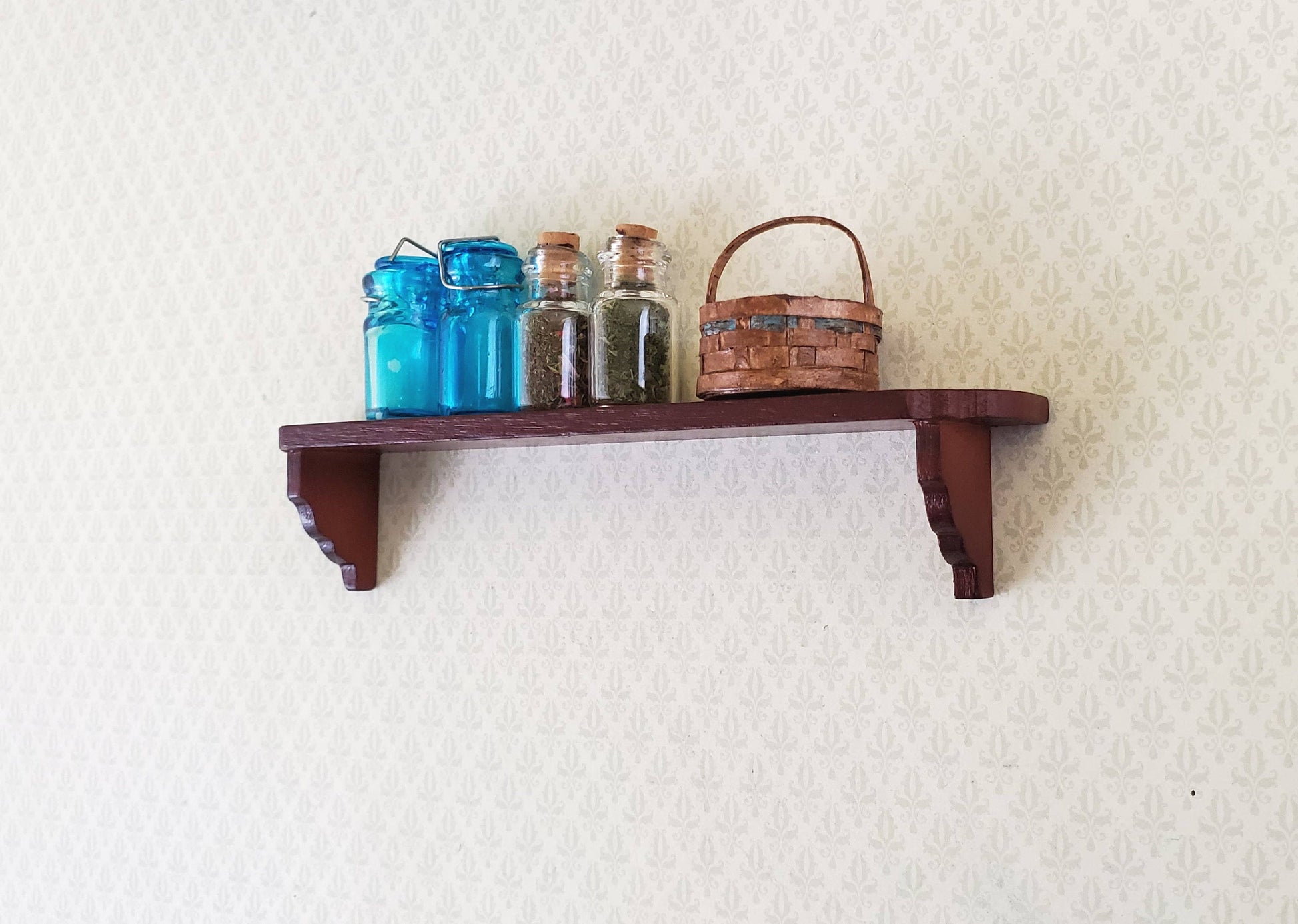 Dollhouse Miniature Wall Shelf Large Wood Mahogany Finish 1:12 Scale 4 3/8"