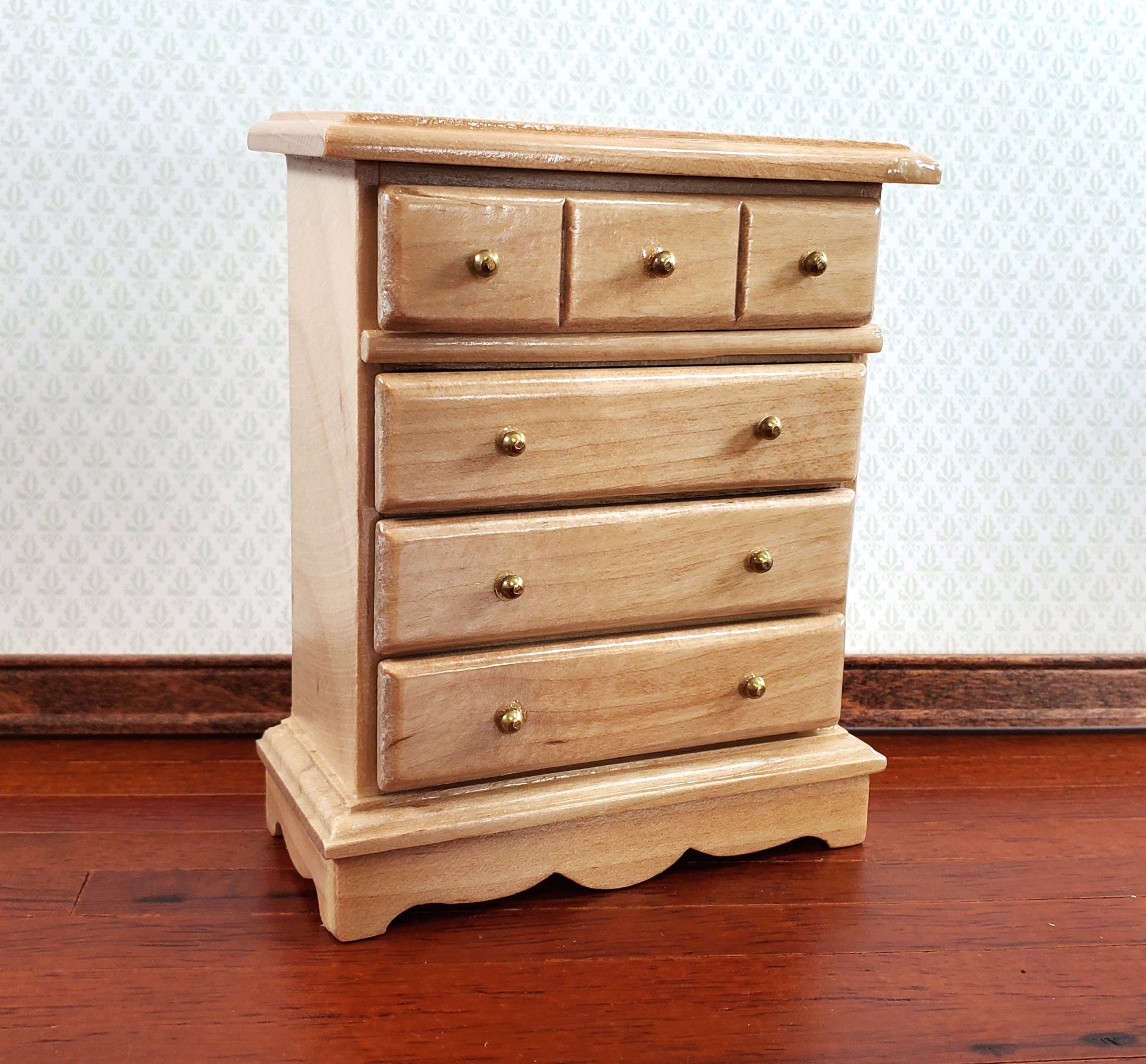 Dollhouse Miniature Dresser Chest Tall 4 Drawer 1:12 Scale Light Oak Finish