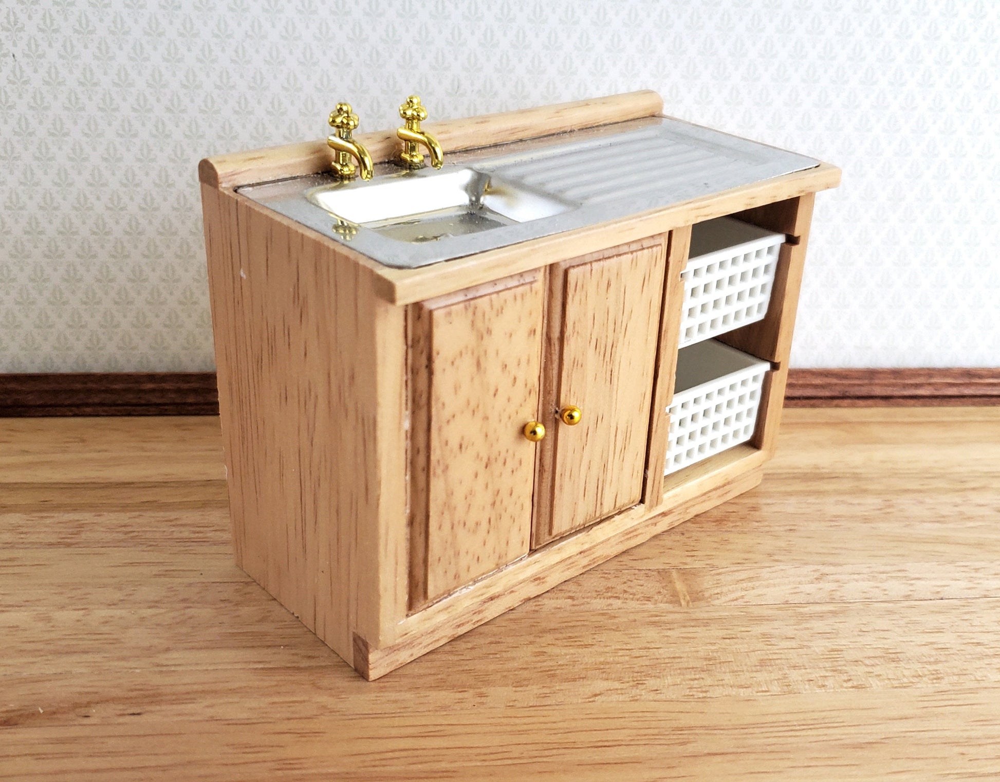 Dollhouse Modern Kitchen Sink Cabinet with Baskets Light Oak 1:12 Scale Miniature