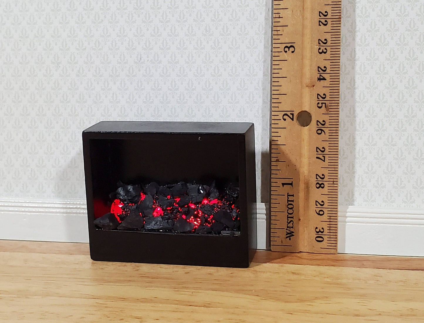 Dollhouse Wall Mounted Fireplace Modern Style Coals Battery Operated 1:12 Scale Miniature