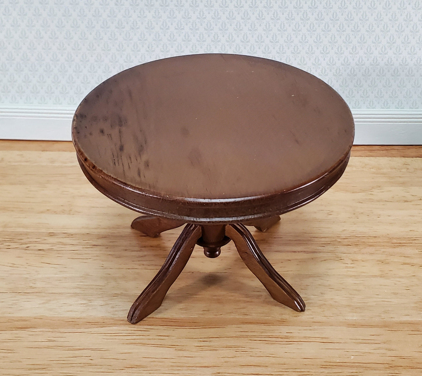 Dollhouse Table Round Pedestal Wood Walnut Finish 1:12 Scale Miniature Kitchen Dining Room