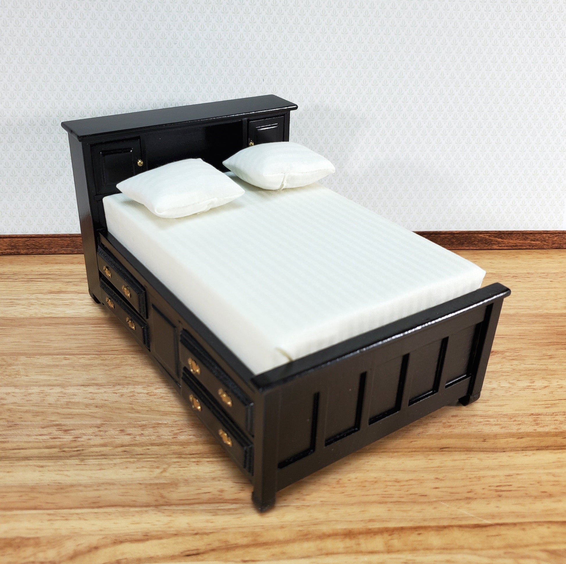 Dollhouse Captain's Bed with Drawers Double Black Finish 1:12 Scale Bedroom Furniture