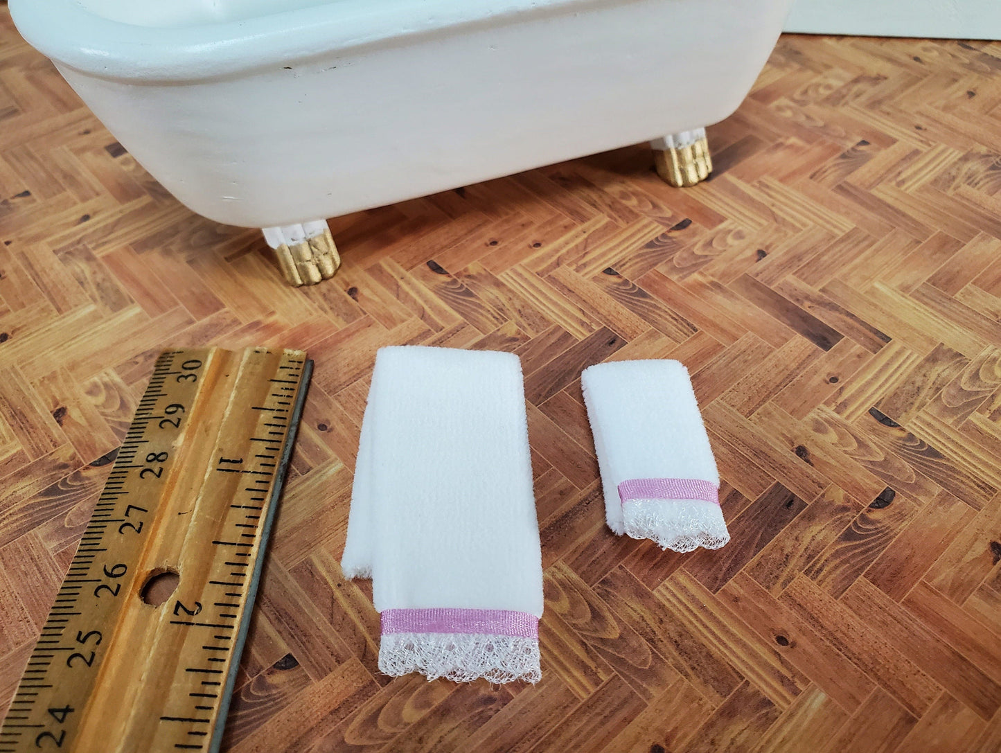 Dollhouse White Bath Towels with Lace and Pink Ribbon Set of 2 1:12 Scale Miniature Bathroom