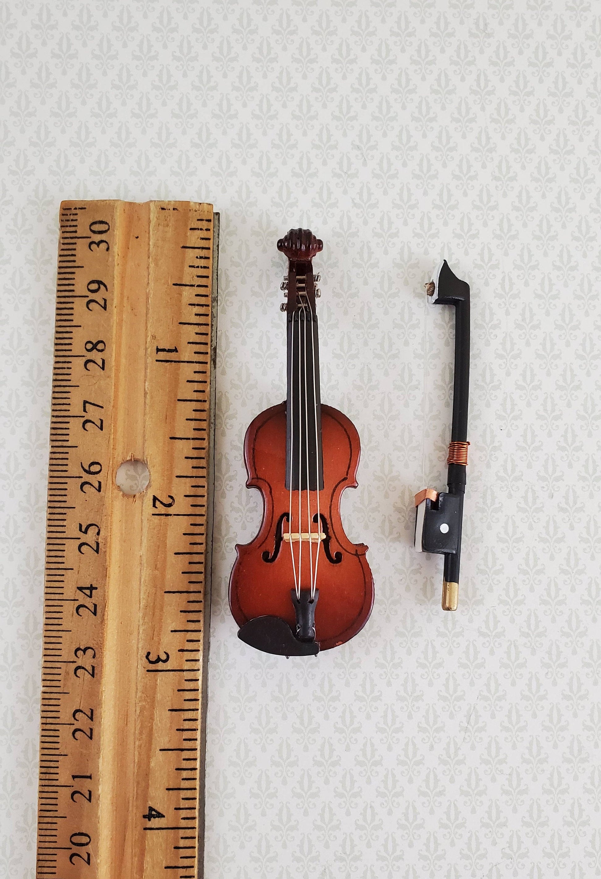 Miniature Violin and Bow Wood 2 7/8" Dollhouse Tiny Instrument Music Room