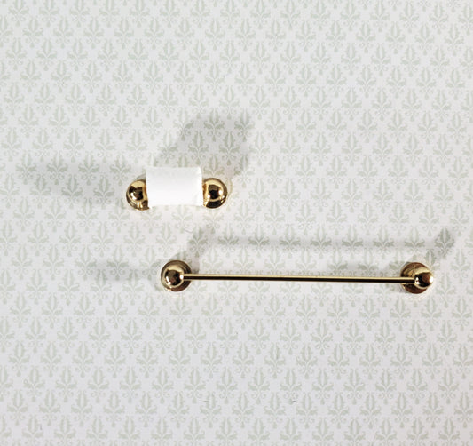Dollhouse Miniature Towel Rod & Toilet Paper Holder Bathroom 1:12 Scale Gold Brass