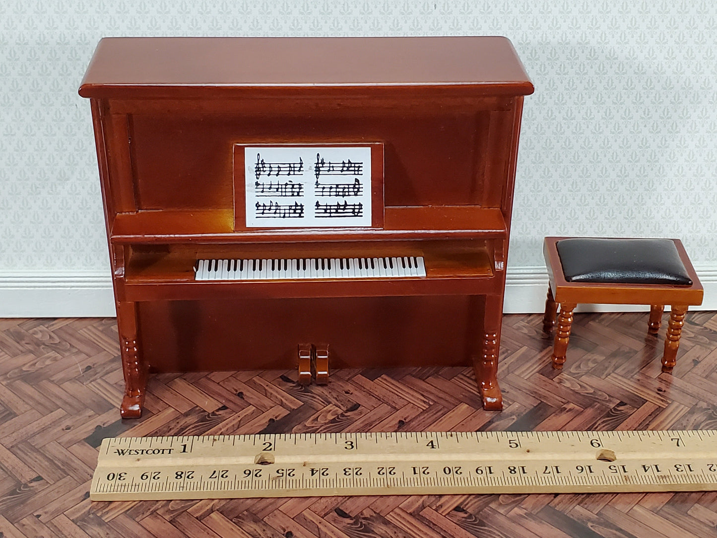 Miniature Upright Piano with Bench Seat Wood Instrument 1:12 Scale Dollhouse Walnut Finish