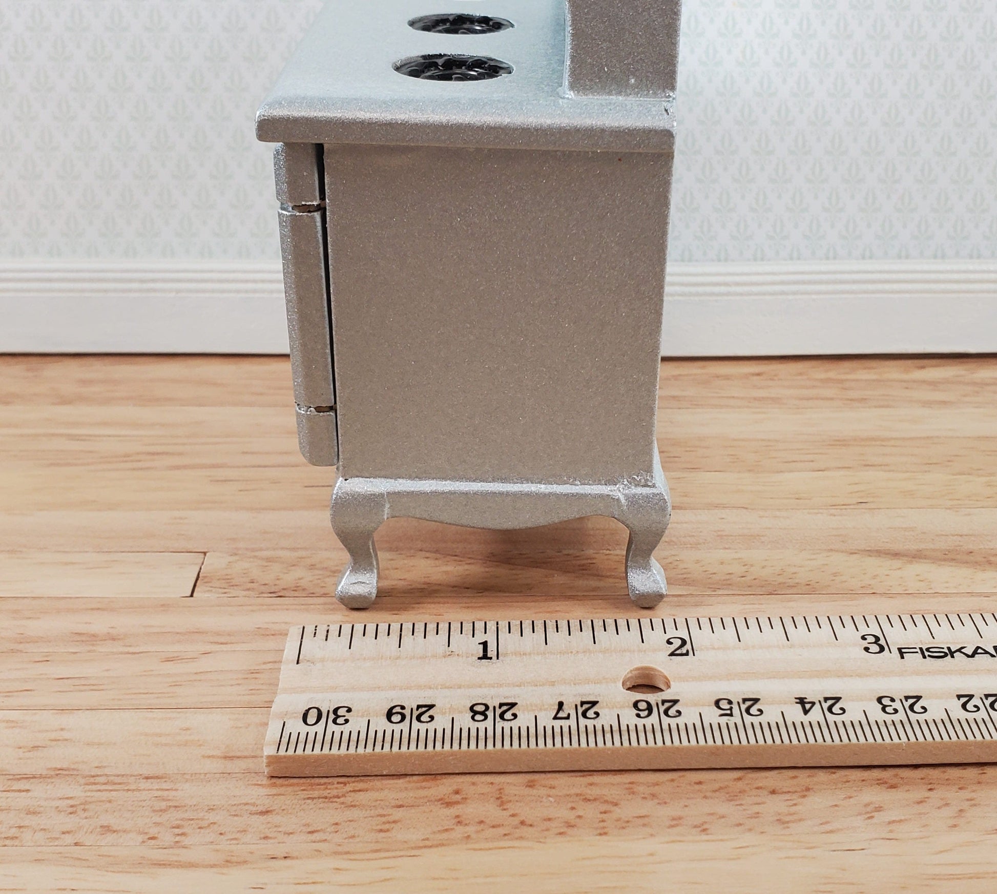 Dollhouse Kitchen Range Cabinet Stove Oven Silver 1:12 Scale Miniature Wood