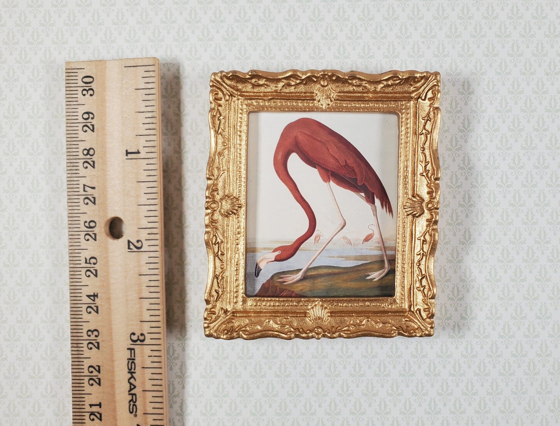 Miniature Pink Flamingo Print John James Audubon 1:12 Scale Dollhouse Gold Frame