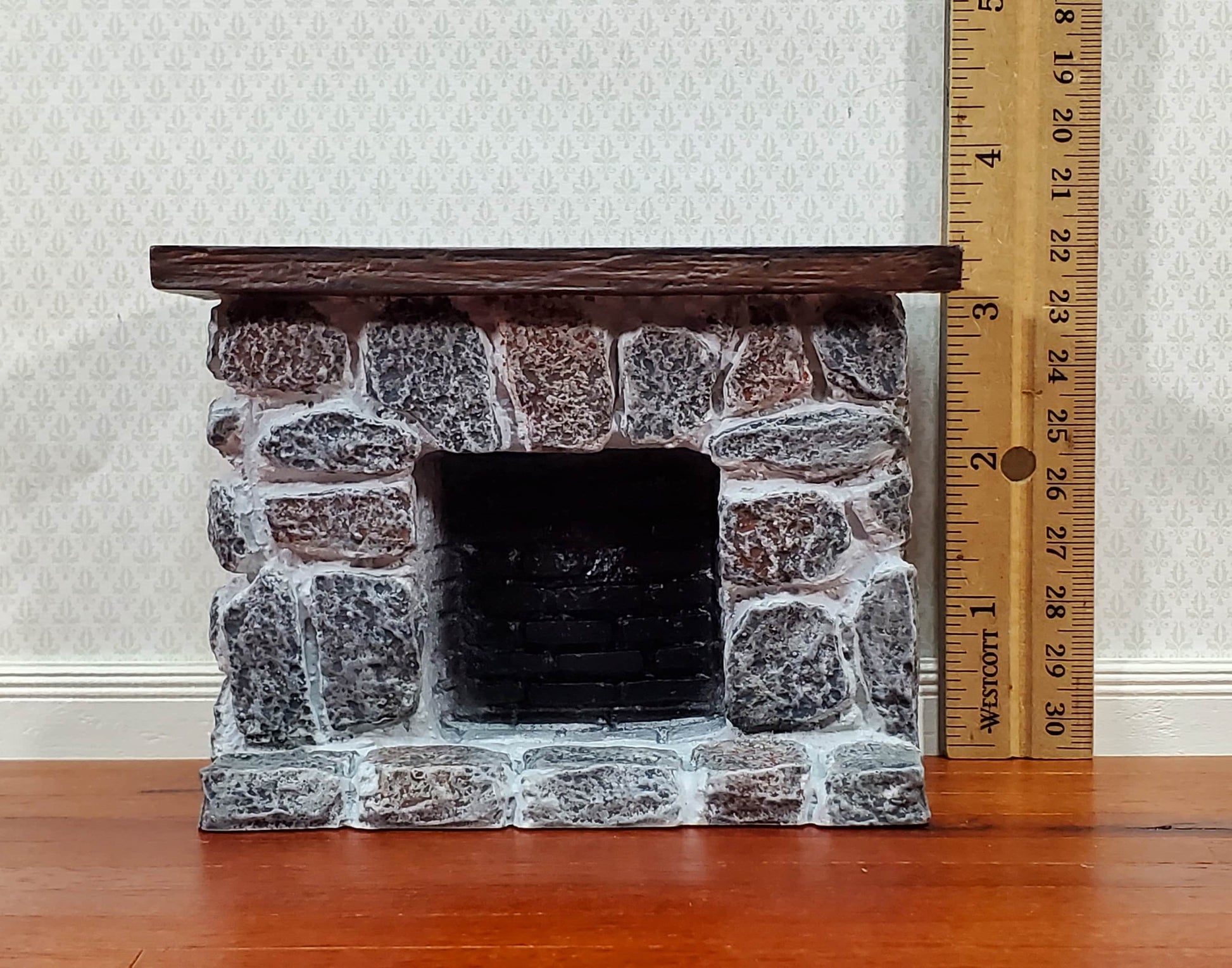 Dollhouse Fireplace with Mantel Gray Stone Fieldstone 1:12 Scale Miniature Furniture