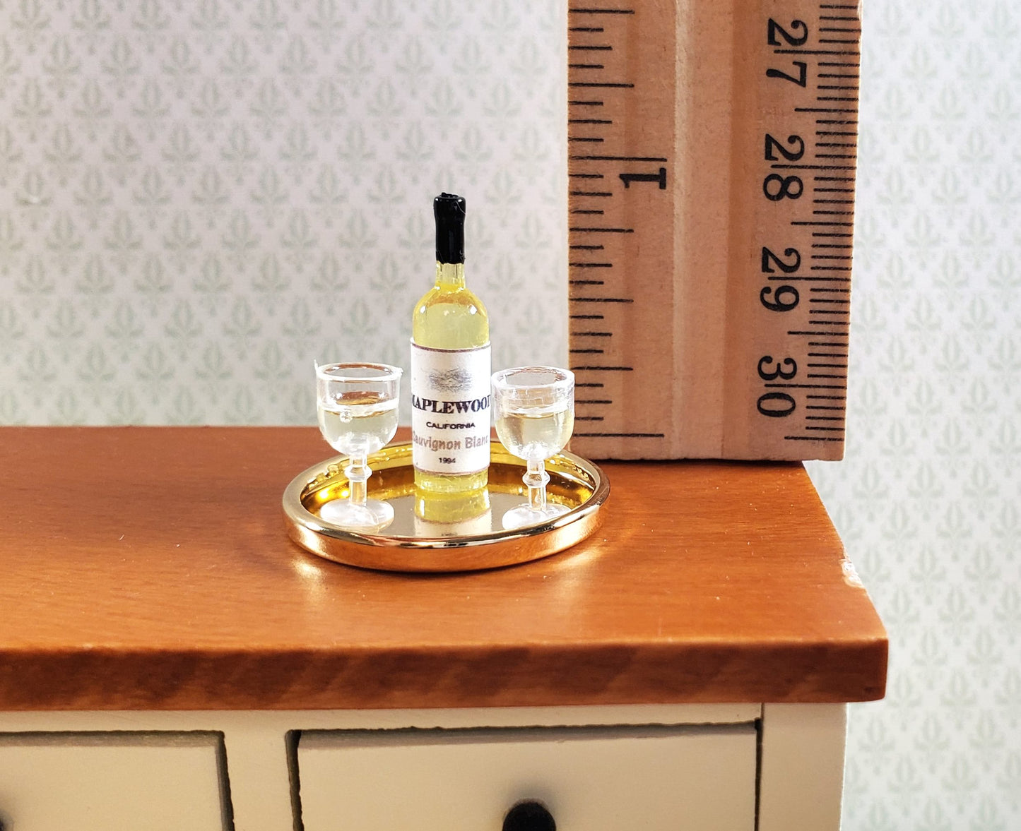 Dollhouse Miniature White Wine Bottle & 2 Filled Wine Glasses on Tray 1:12 Scale