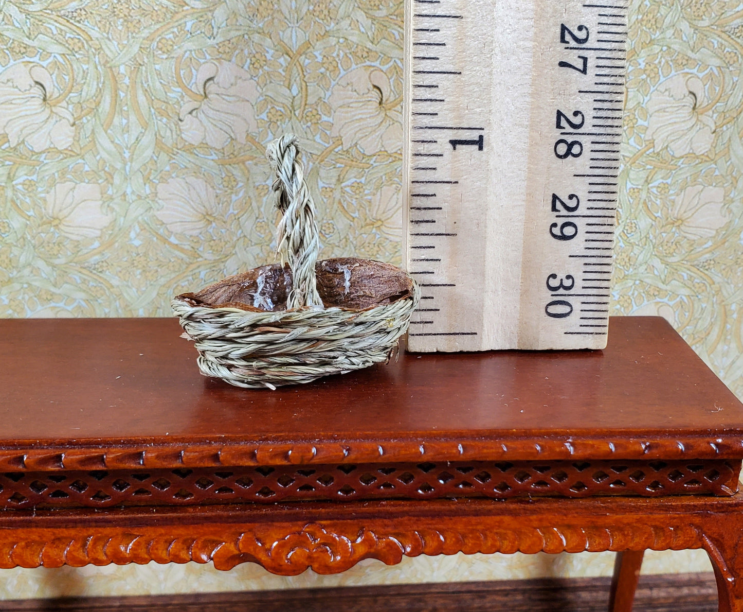 Dollhouse Dark Colored Oval Woven Basket with Handle 1:12 Scale Miniature