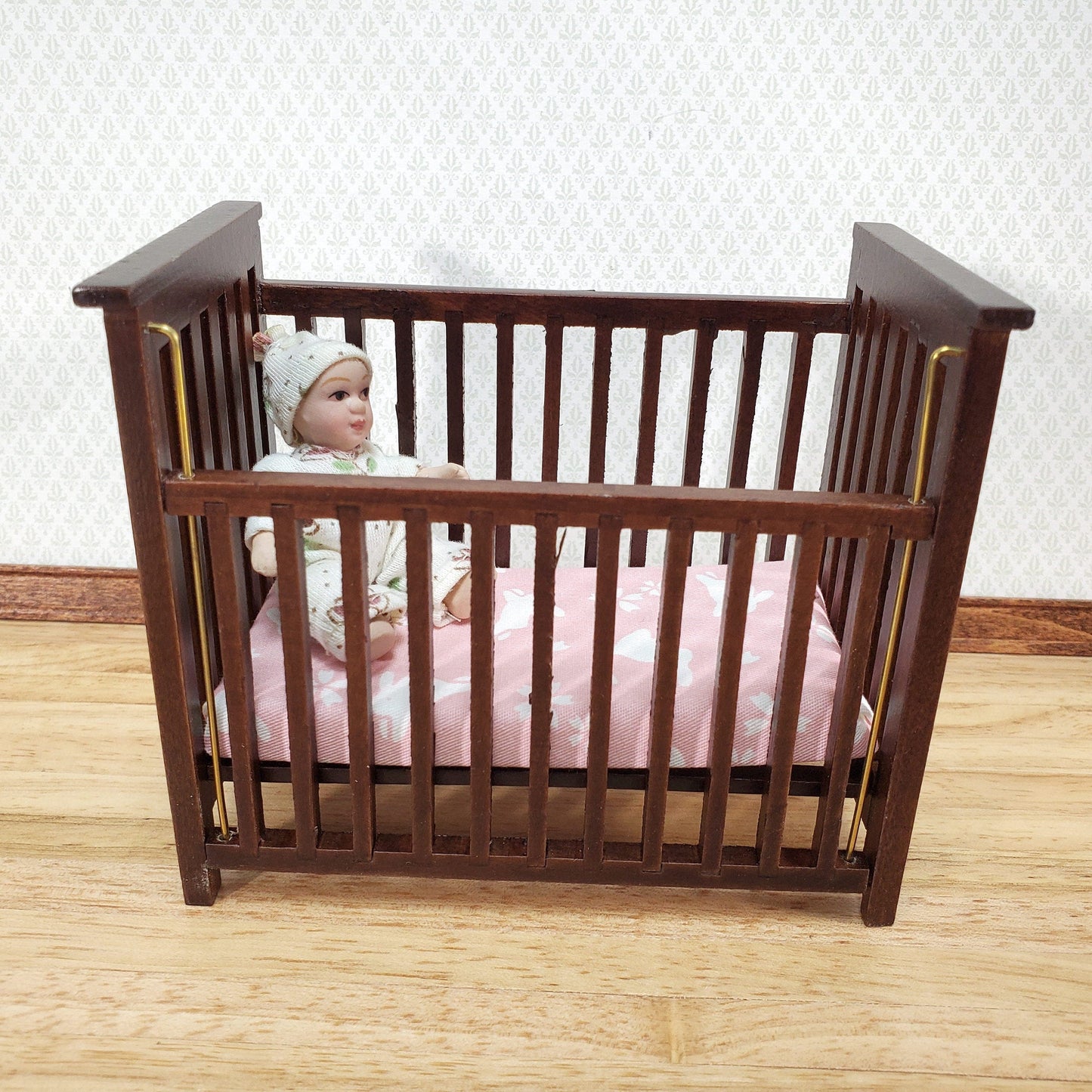 Dollhouse Crib Wood Drop Side Dark Walnut 1:12 Scale Miniature Nursery Furniture