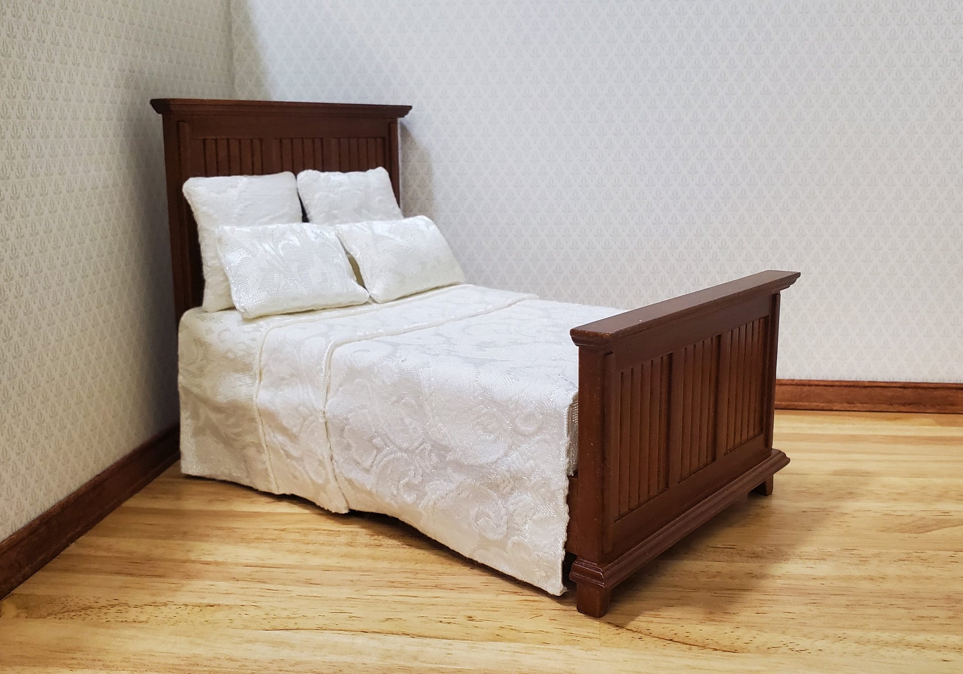 JBM Dollhouse Bed Farmhouse Country Style Walnut Finish 1:12 Miniature Furniture