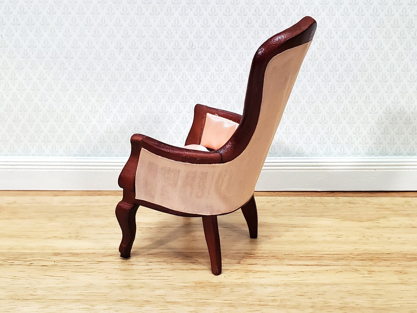Dollhouse Gentlemen's Chair Victorian Pink & Mahogany Finish 1:12 Scale Miniature Furniture