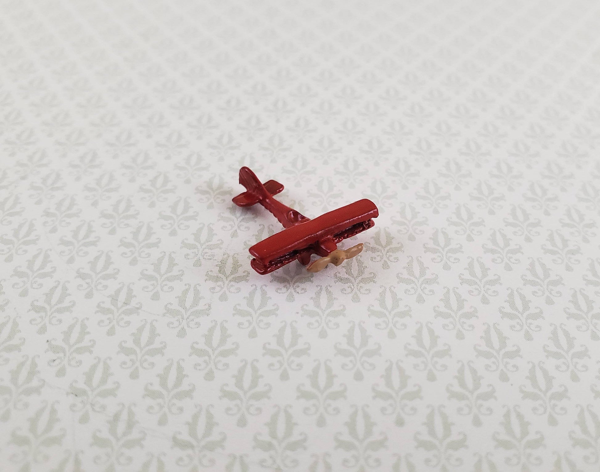 Dollhouse Miniature Bi-Plane Airplane Toy Tiny Red Painted Metal 1:12 Scale Plane
