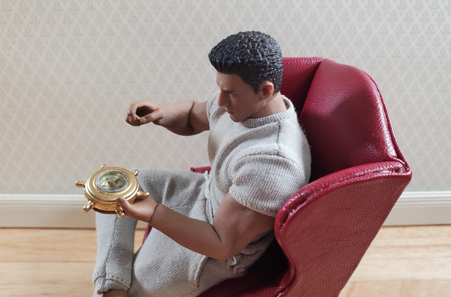 Dollhouse Miniature Ship Wheel Compass Gold Metal Lighthouse Prop