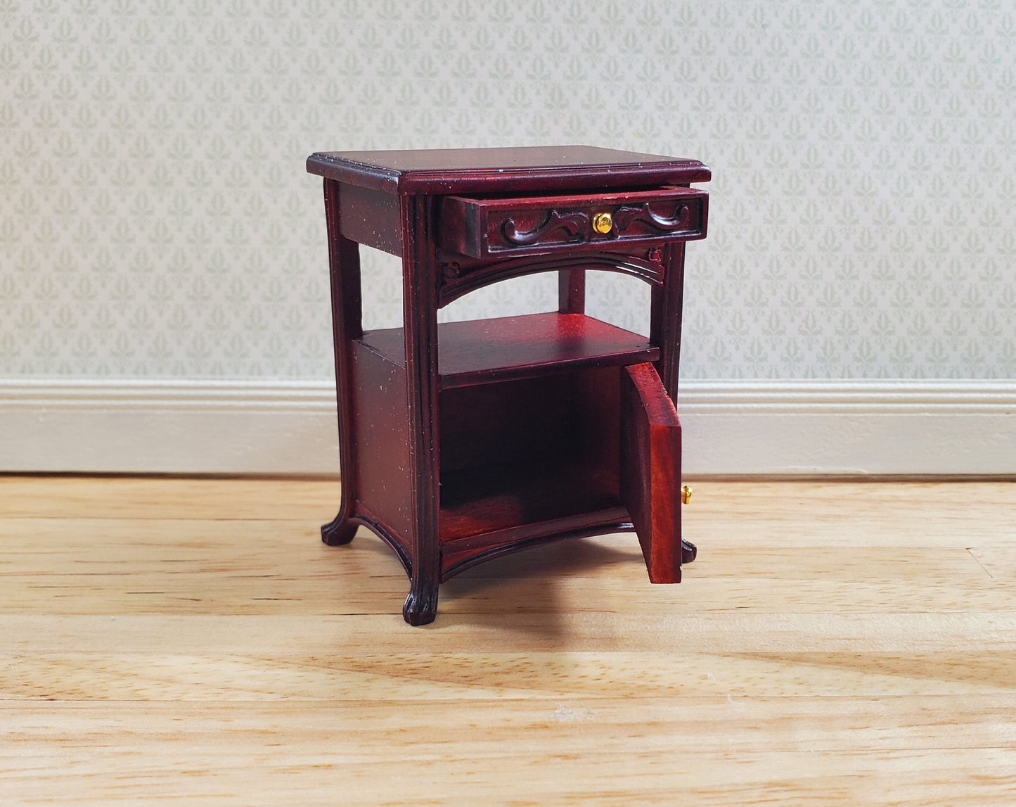 JBM Dollhouse Art Nouveau Side Table Nightstand 1:12 Scale Mahogany Finish
