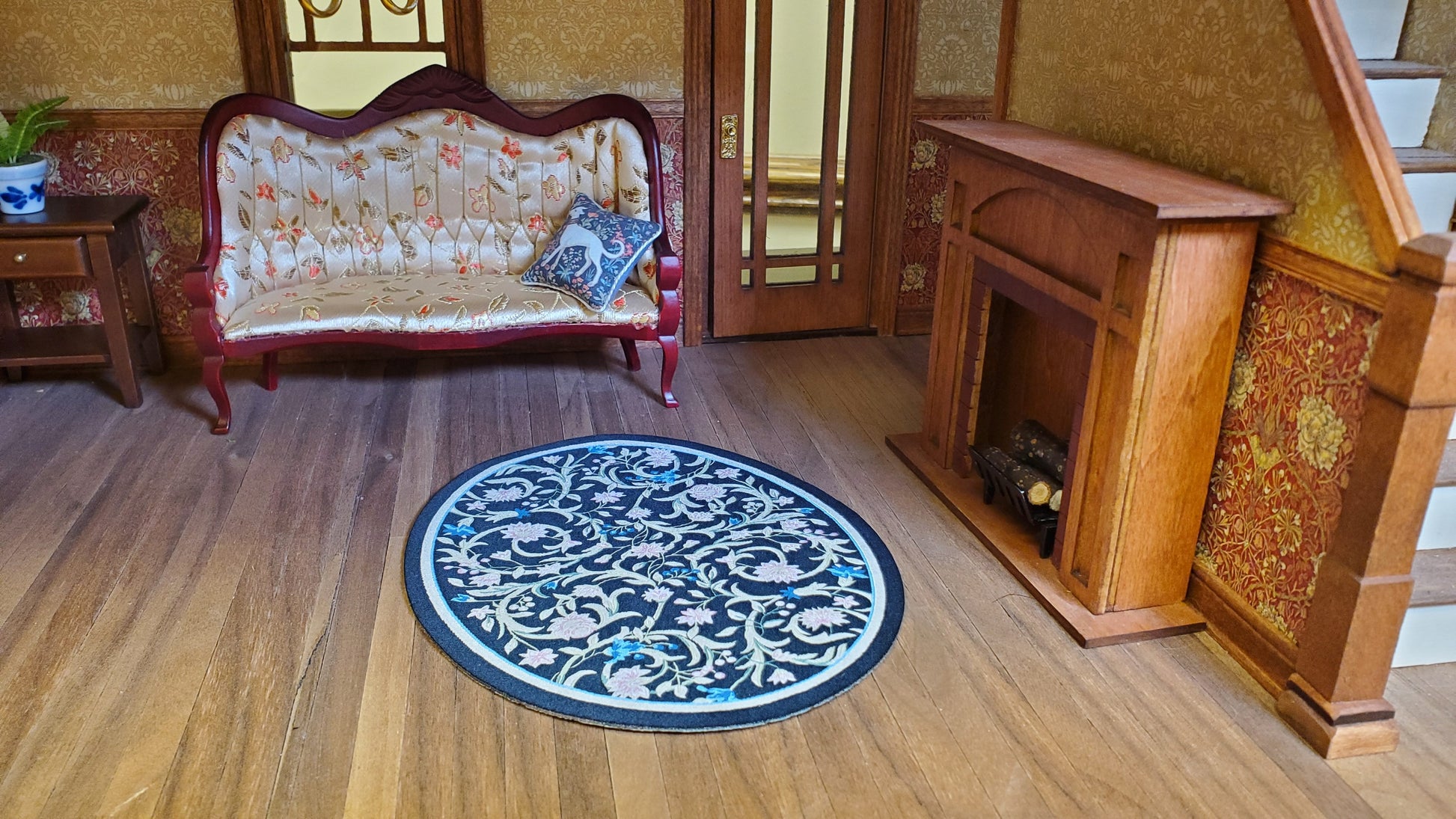 Dollhouse Oval Rug Fabric Black Pink and Blue Floral 1:12 Scale Miniature