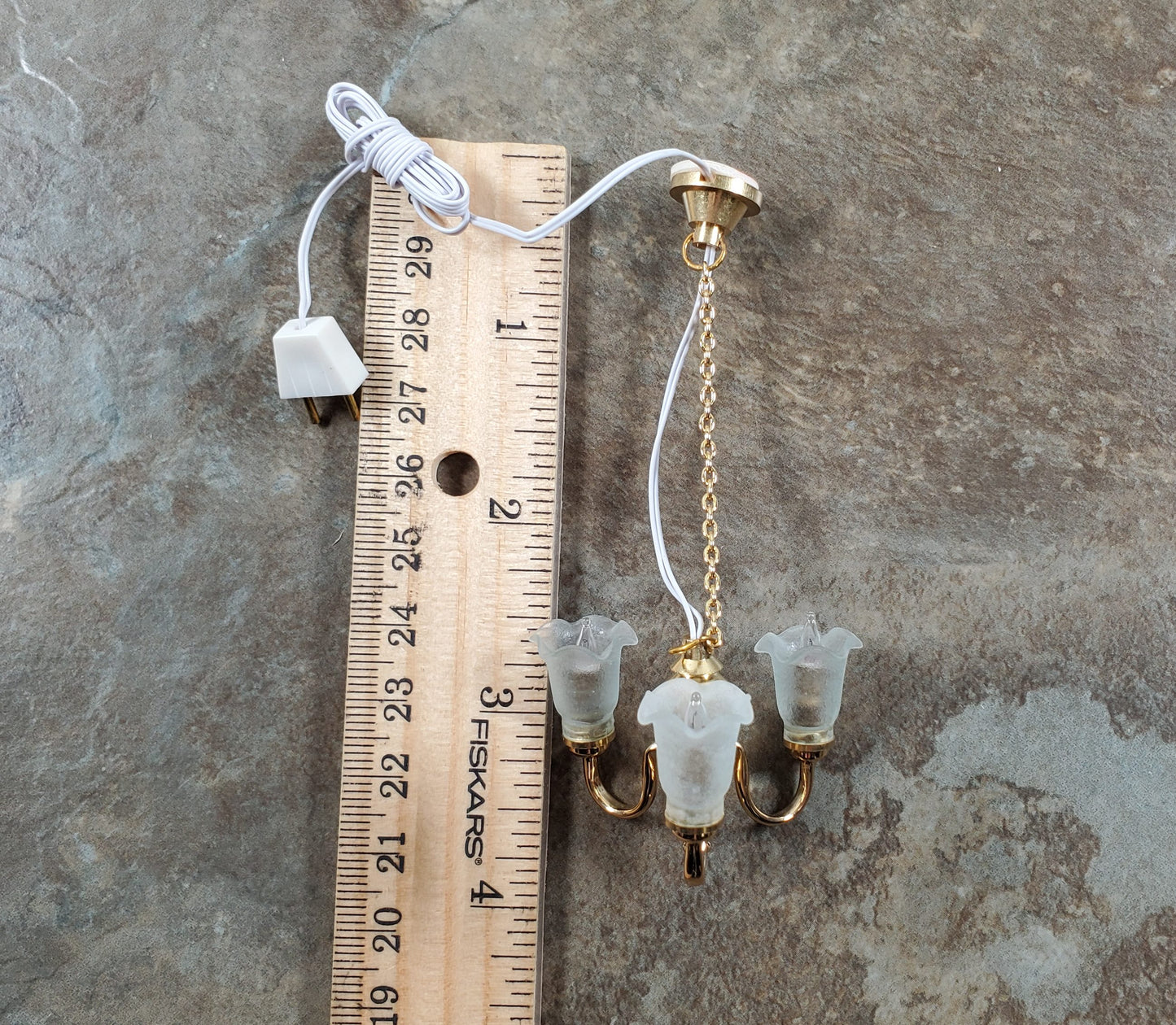 Dollhouse 3 Arm Flower Chandelier Light 12 Volt Electric with Plug 1:12 Scale