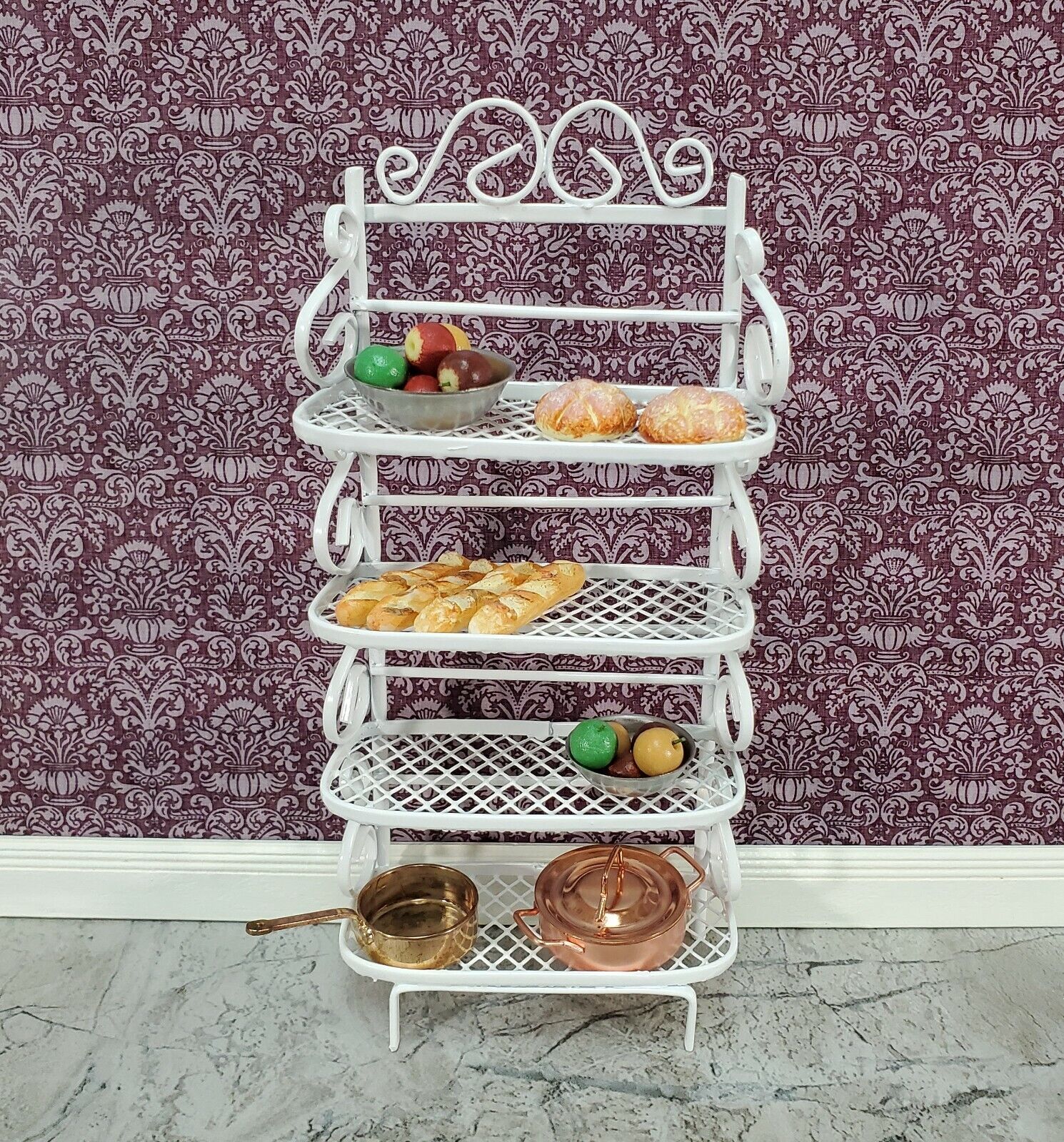 Dollhouse Baker's Rack with 4 Shelves White Metal 1:12 Scale Miniature Kitchen