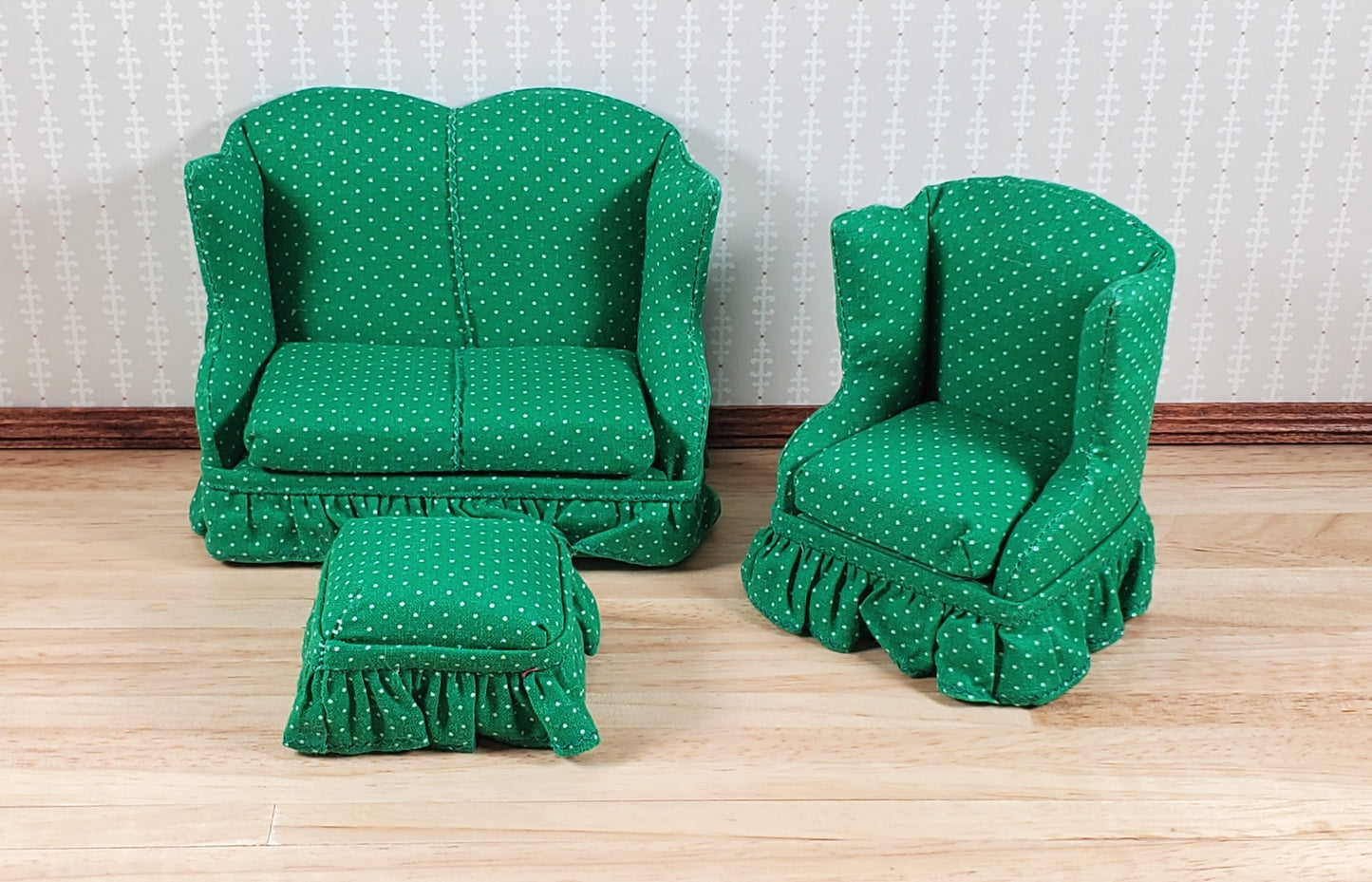 Dollhouse Small Sofa Chair Ottoman Green & White 1:12 Scale Miniature Furniture