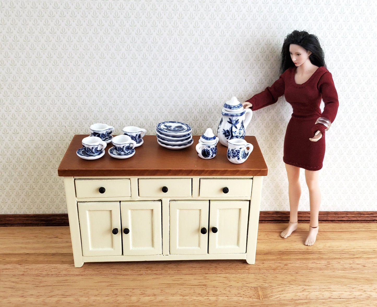 Dollhouse Coffee Tea Set Ceramic Pot Plates Cups Saucers 1:12 Scale Miniatures