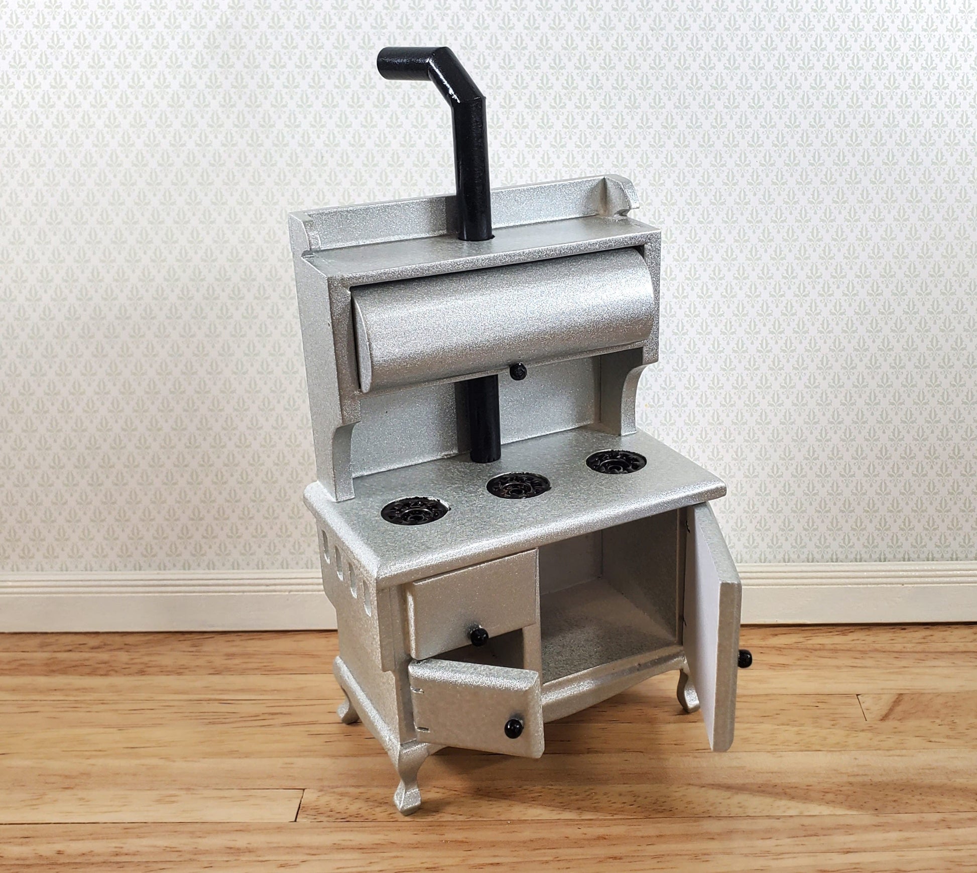 Dollhouse Kitchen Range Cabinet Stove Oven Silver 1:12 Scale Miniature Wood