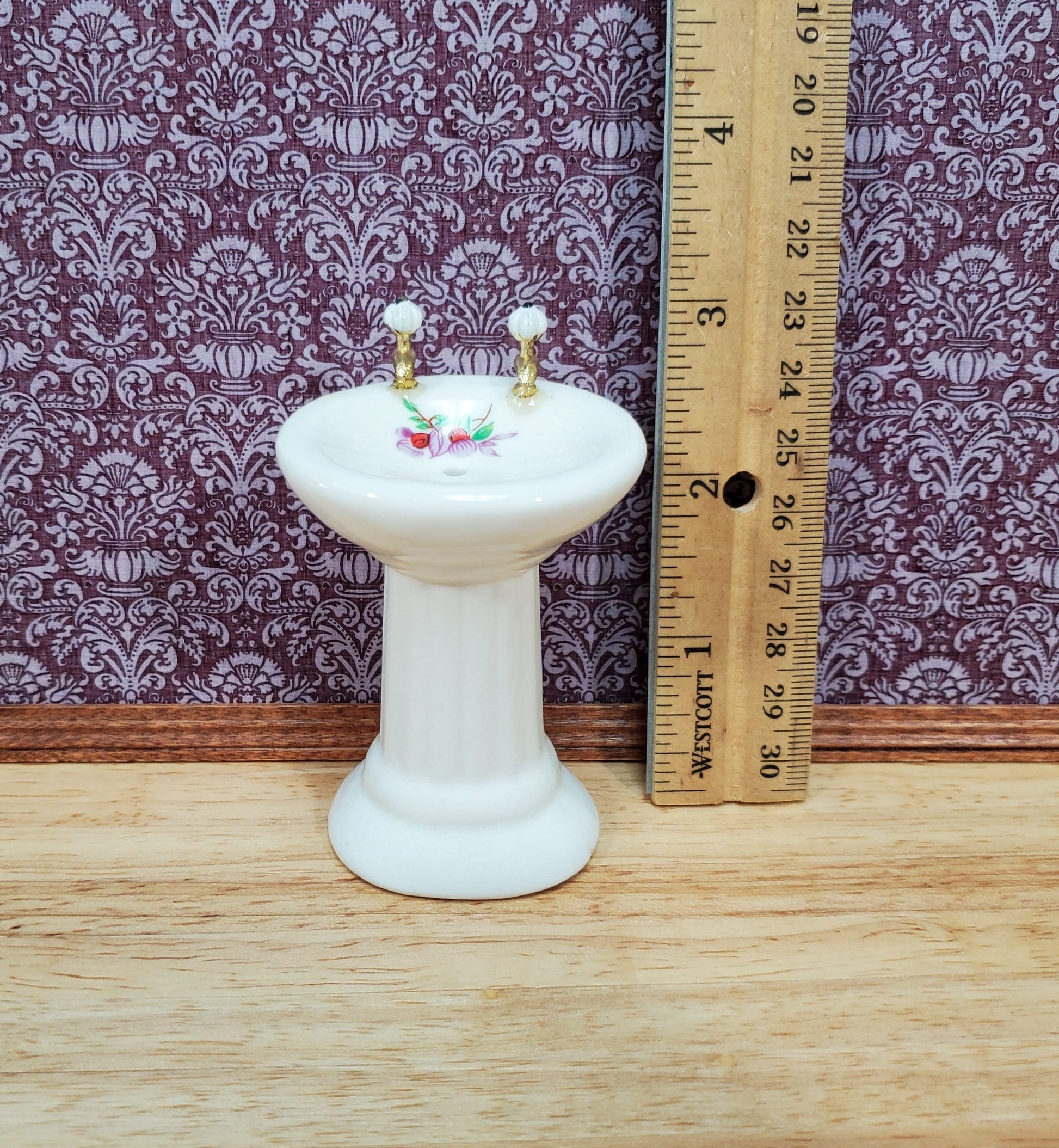 Dollhouse Pedestal Sink Bathroom White Ceramic Gold Handles 1:12 Scale with Decal