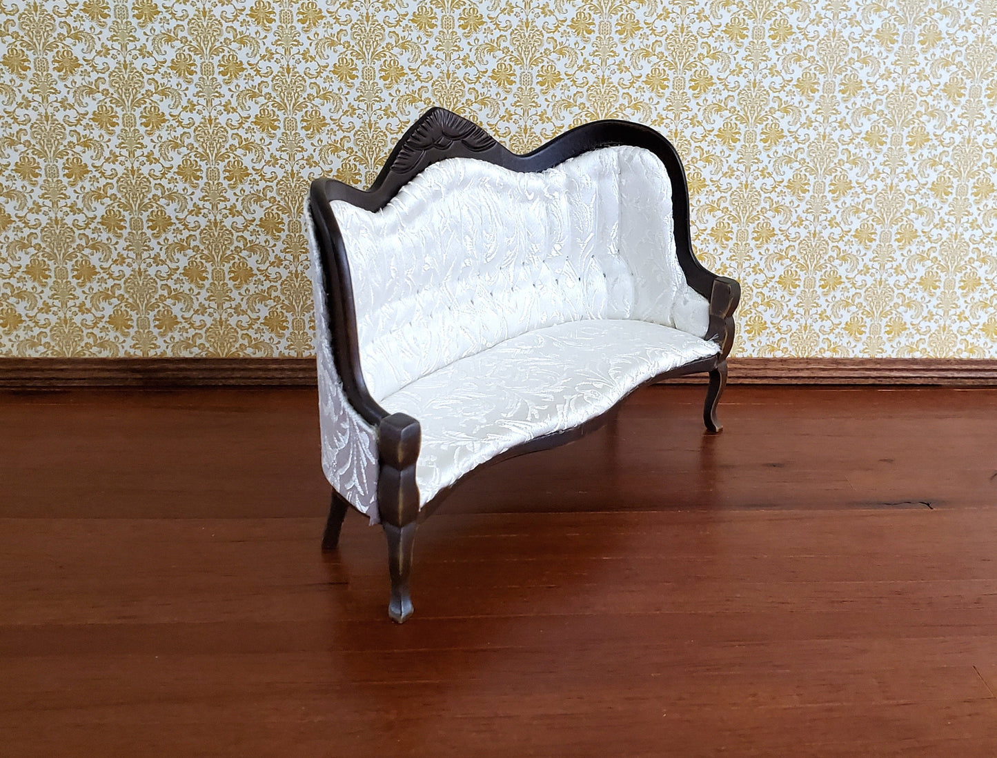 Dollhouse Miniature Victorian Sofa Couch White 1:12 Scale Dark Walnut Finish