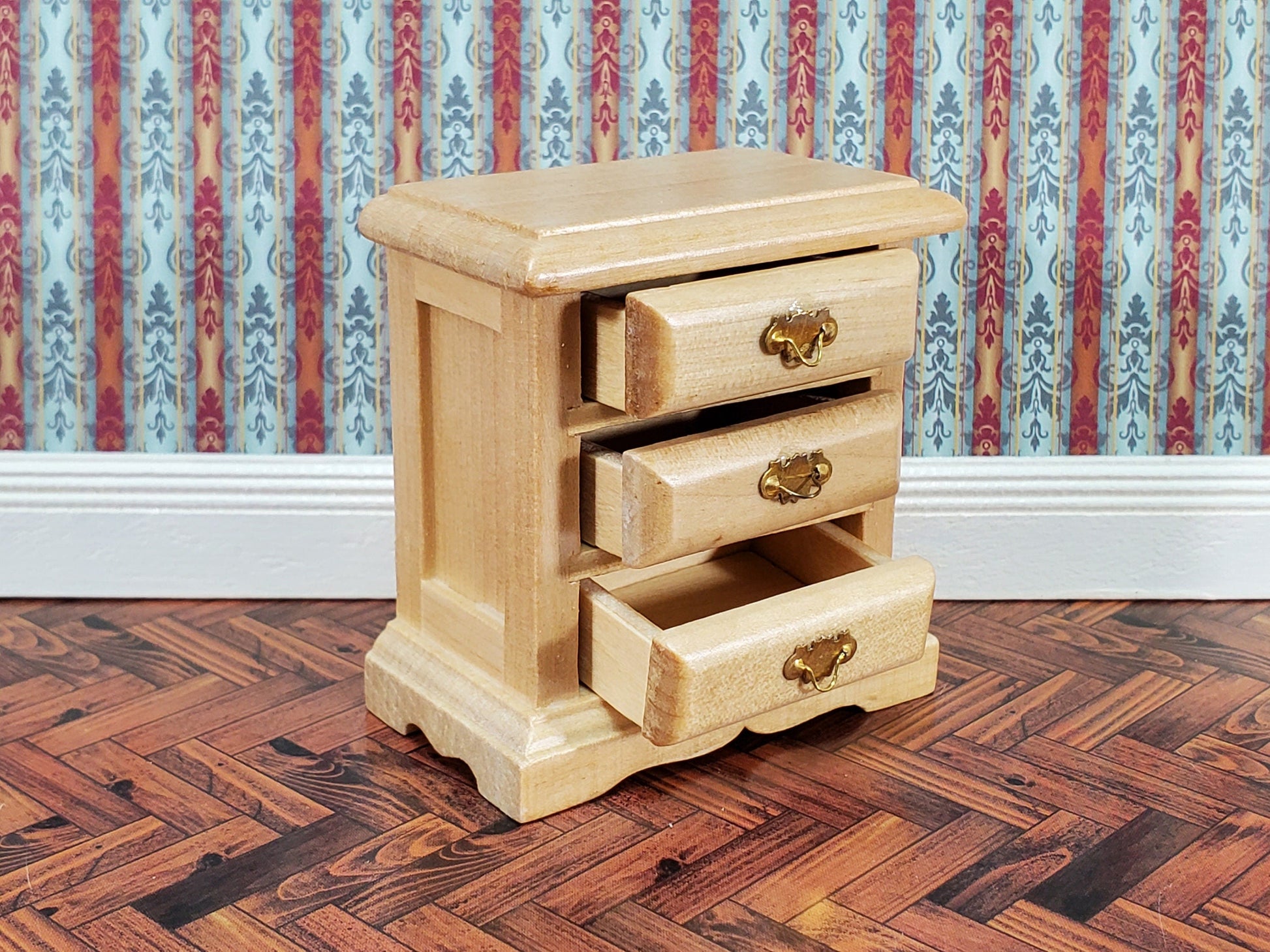 Dollhouse Side Table or Nightstand with 3 Drawers Light Oak 1:12 Scale Miniature Furniture