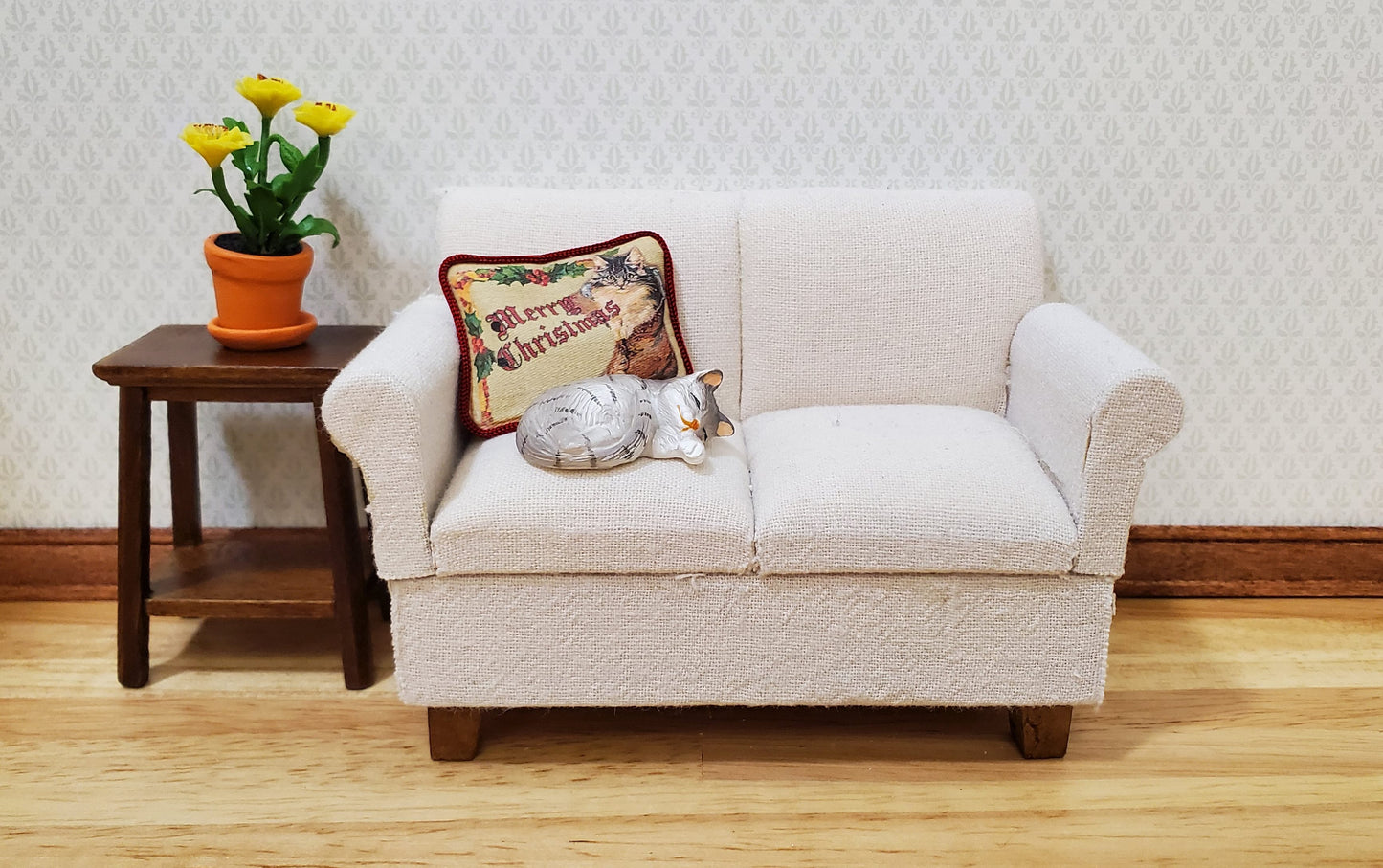 Dollhouse Christmas Cat Vintage Style Pillow Handmade 1:12 Scale Miniature