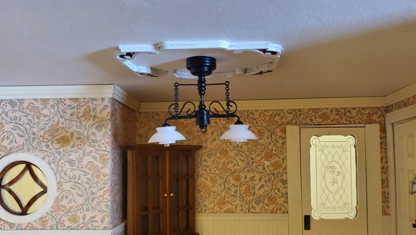 Dollhouse Ceiling Light Black with Chains & Wand 1:12 Miniature Battery Lamp