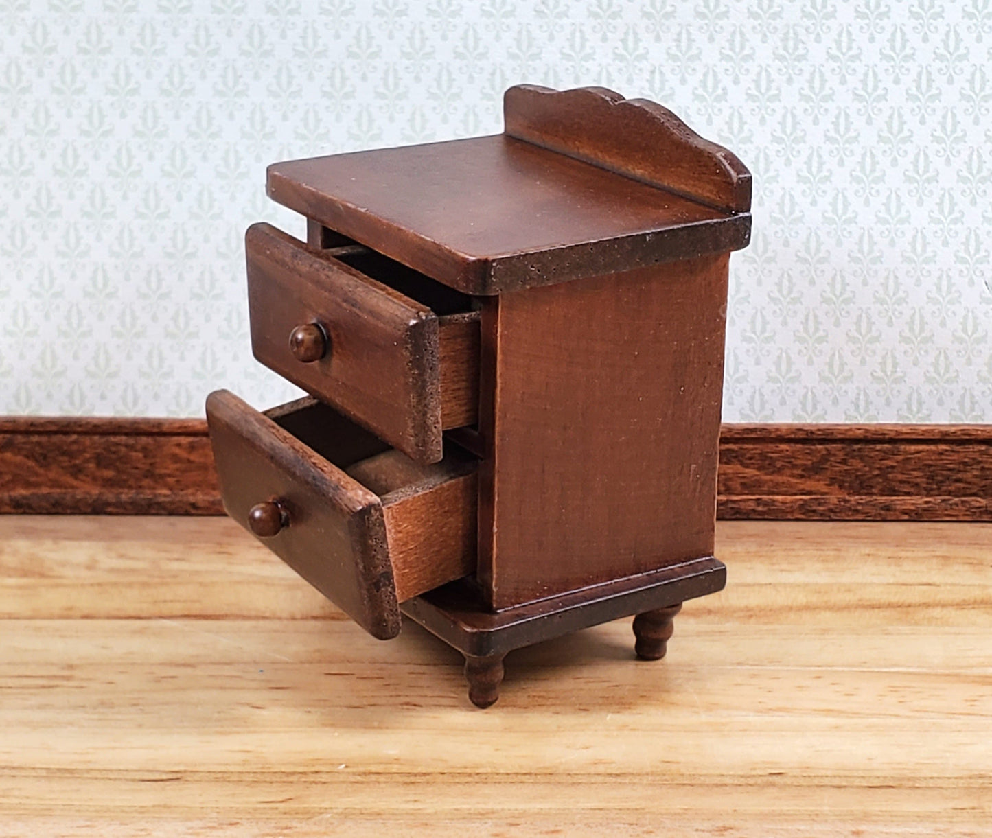 Dollhouse Nightstand Side Table 2 Drawers Walnut Finish 1:12 Scale Miniature Furniture