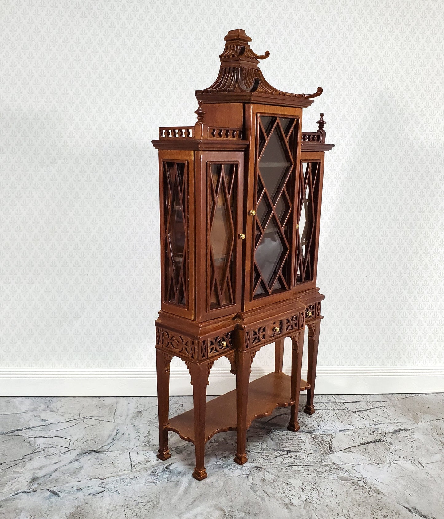 JBM Dollhouse Breakfront Display Cabinet Chippendale Style 1:12 Scale Furniture