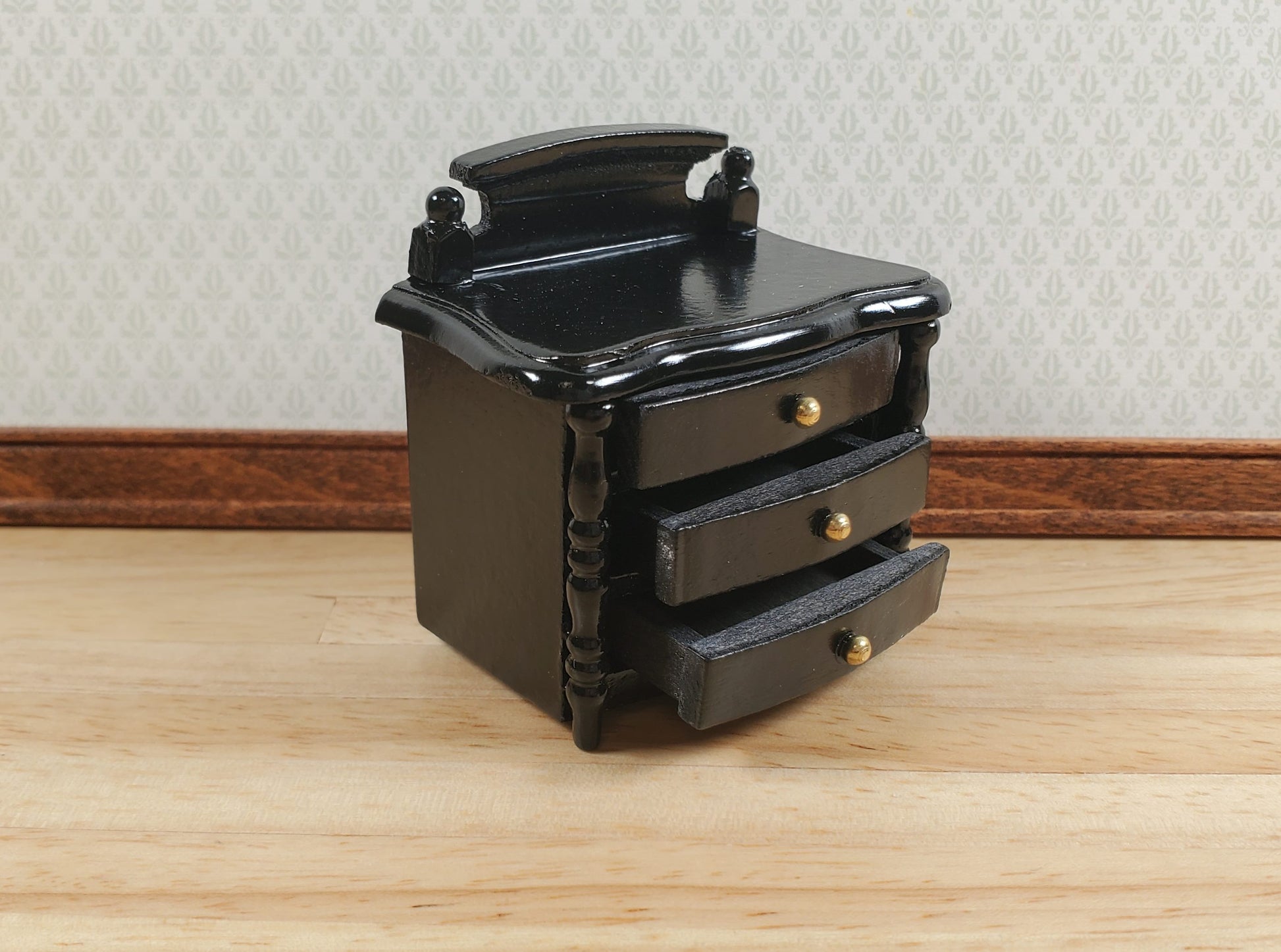 Dollhouse Night Stand Side Table Black 3 Drawers 1:12 Scale Wood Miniature
