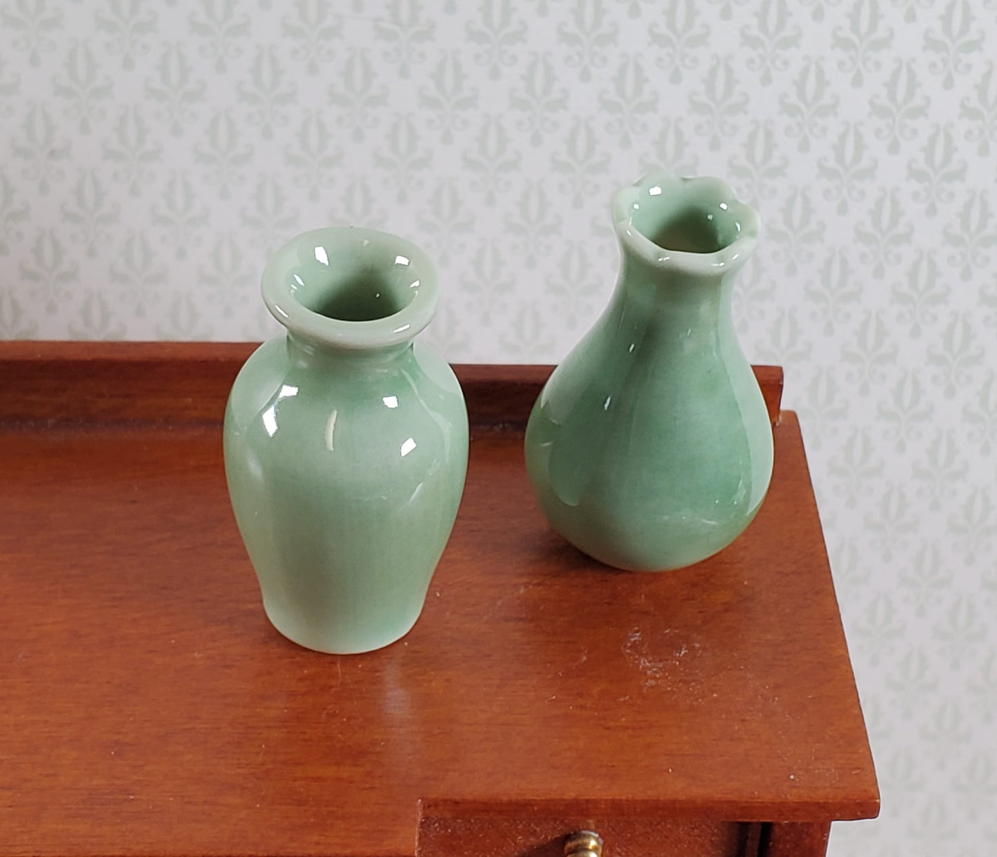 Dollhouse Flower Vases Sage Green Ceramic Set of 2 Modern 1:12 Scale Miniatures