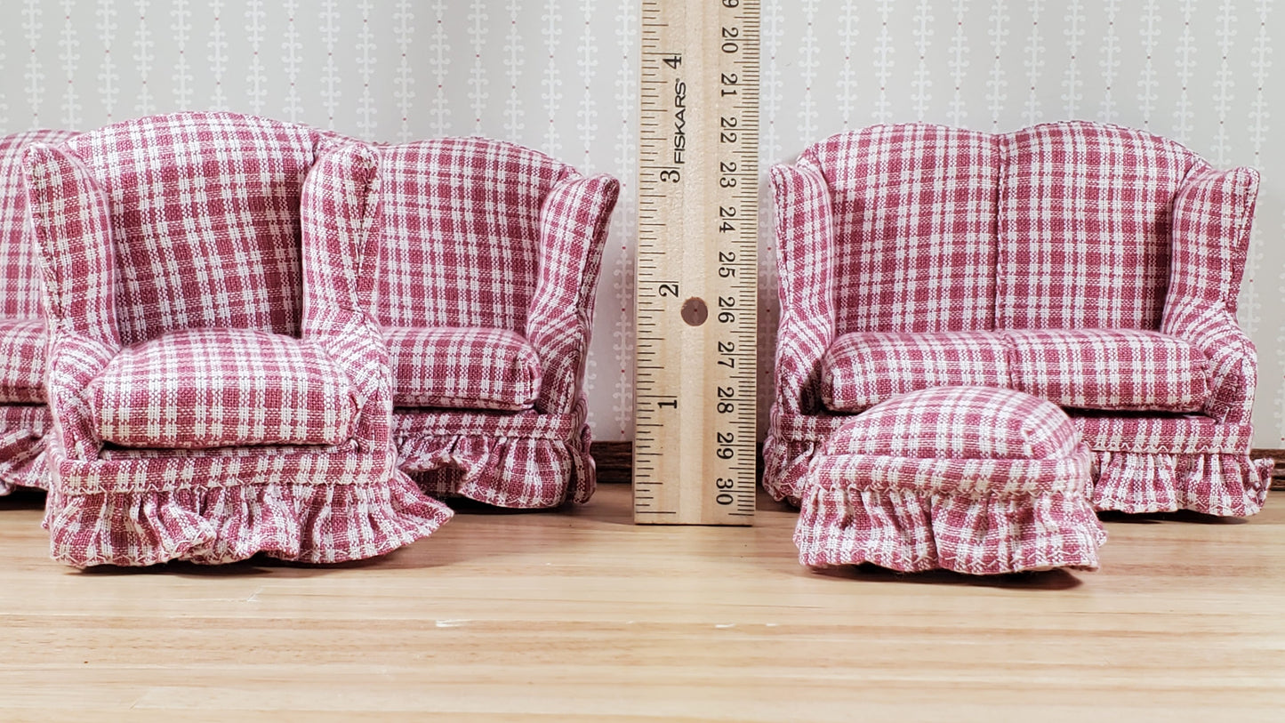 Dollhouse Living Room Set 4 pc Dusty Rose Plaid 1:12 Scale Miniature Furniture