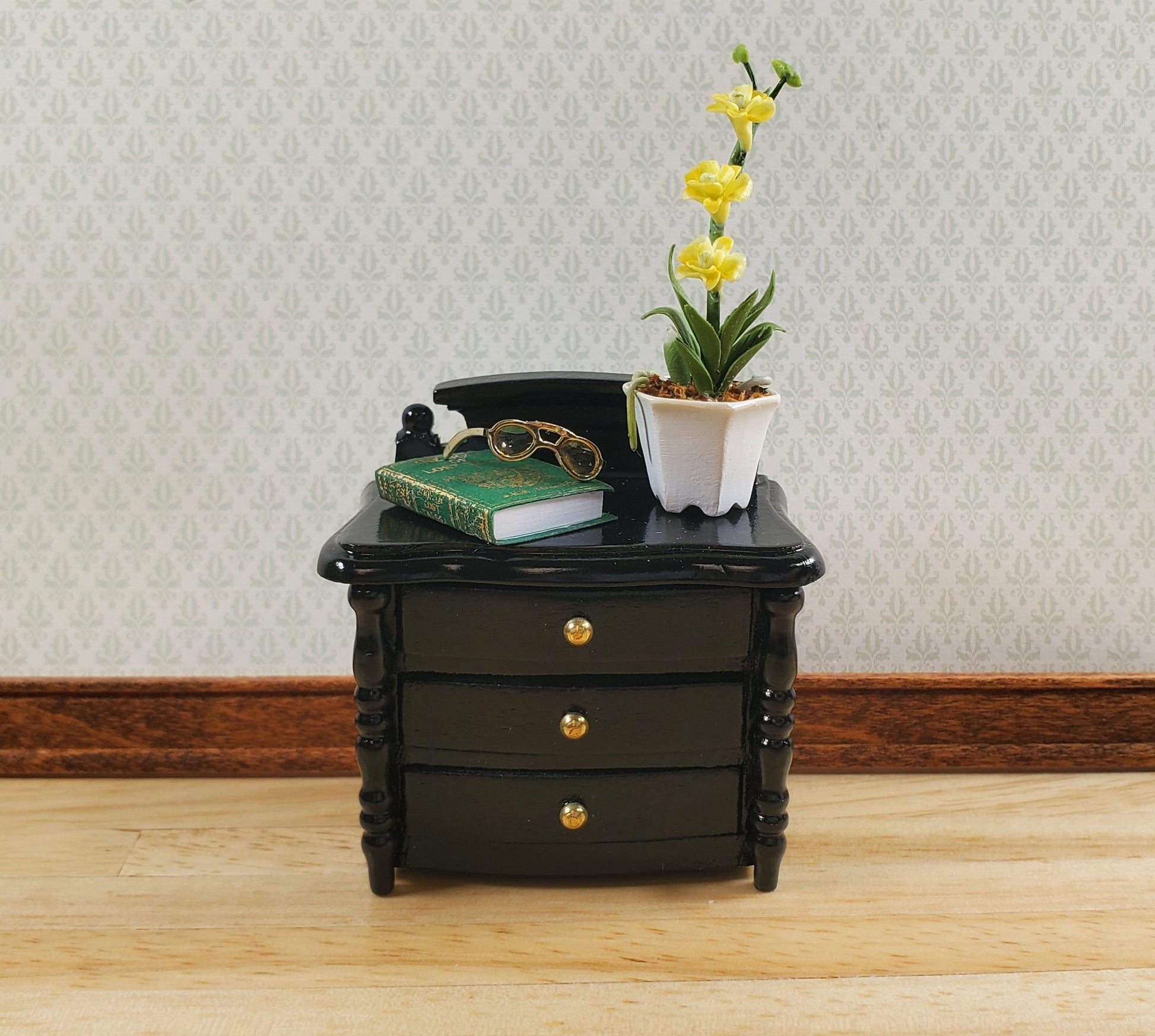 Dollhouse Night Stand Side Table Black 3 Drawers 1:12 Scale Wood Miniature