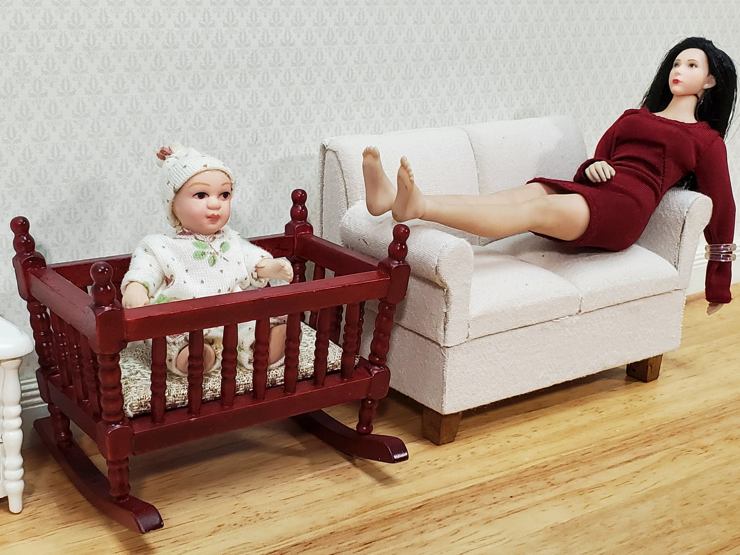 Dollhouse Cradle Crib for Nursery Wood Mahogany Finish 1:12 Scale Miniature Furniture
