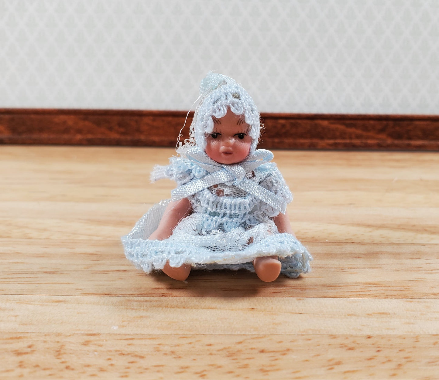 Dollhouse Baby Doll Porcelain Moveable 1:12 Scale Miniature Blue Lace Outfit