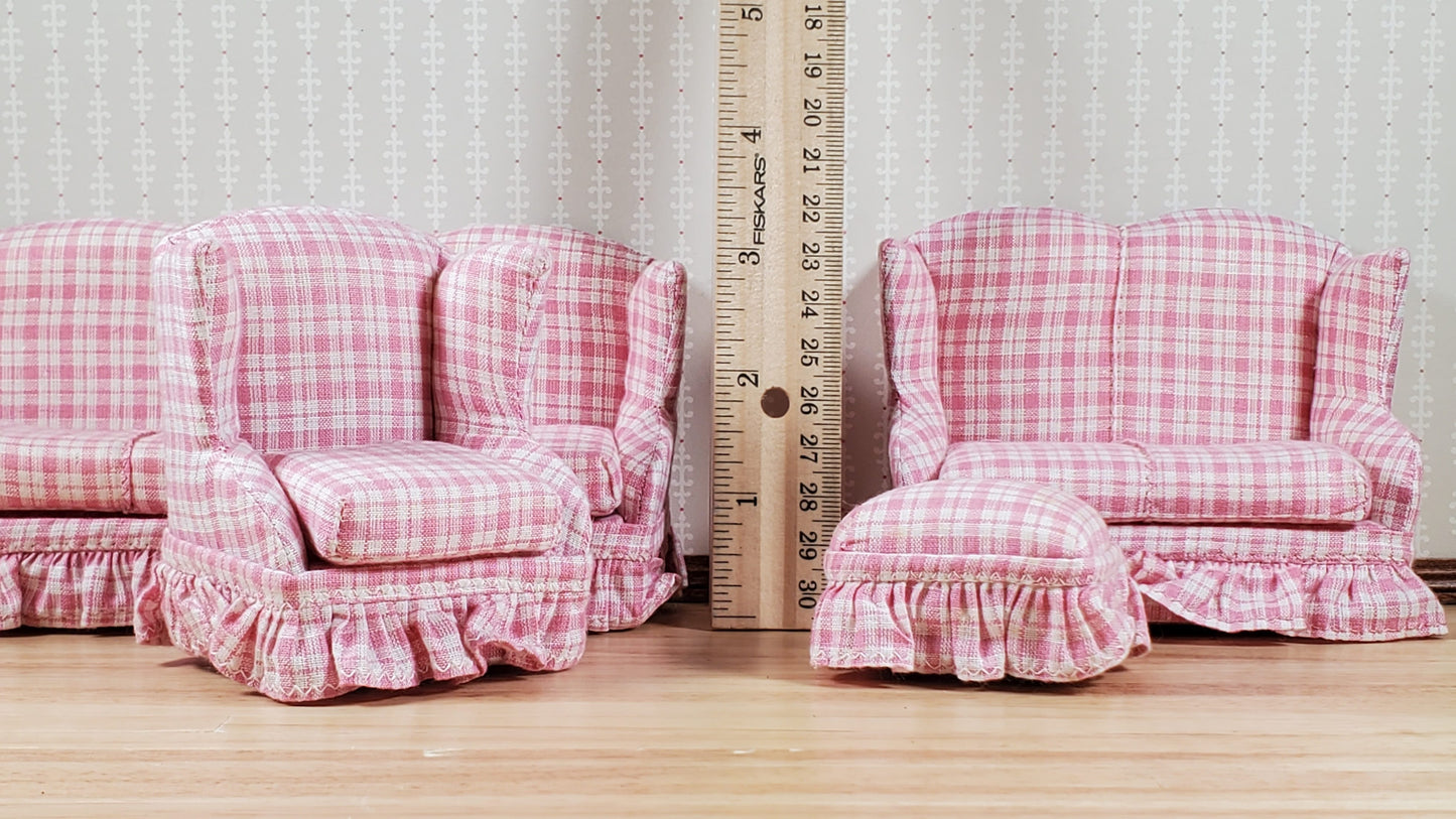 Dollhouse Living Room Set 4 pc Pink Plaid 1:12 Scale Miniature Furniture