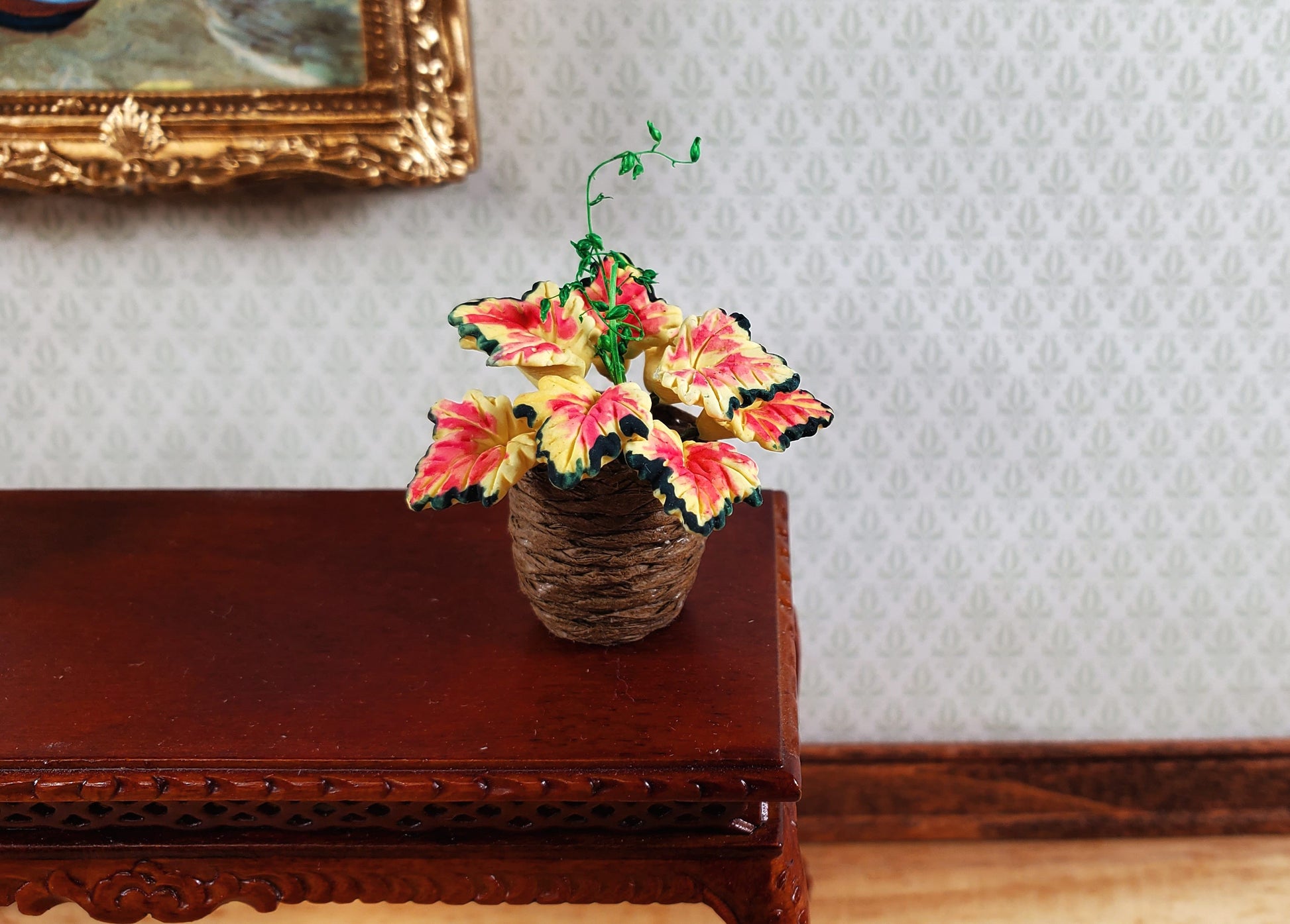 Dollhouse Coleus Plant in a Basket 1:12 Scale Miniature Garden Potted Plant