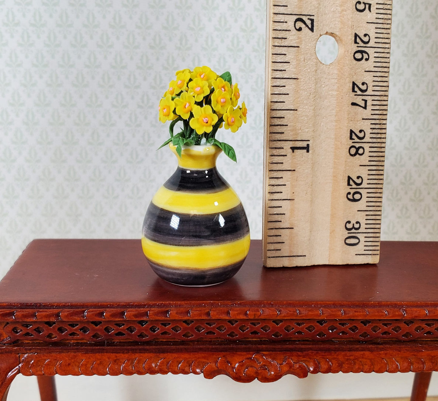 Dollhouse Miniature Yellow Flowers in a Bumble Bee Ceramic Vase 1:12 Scale