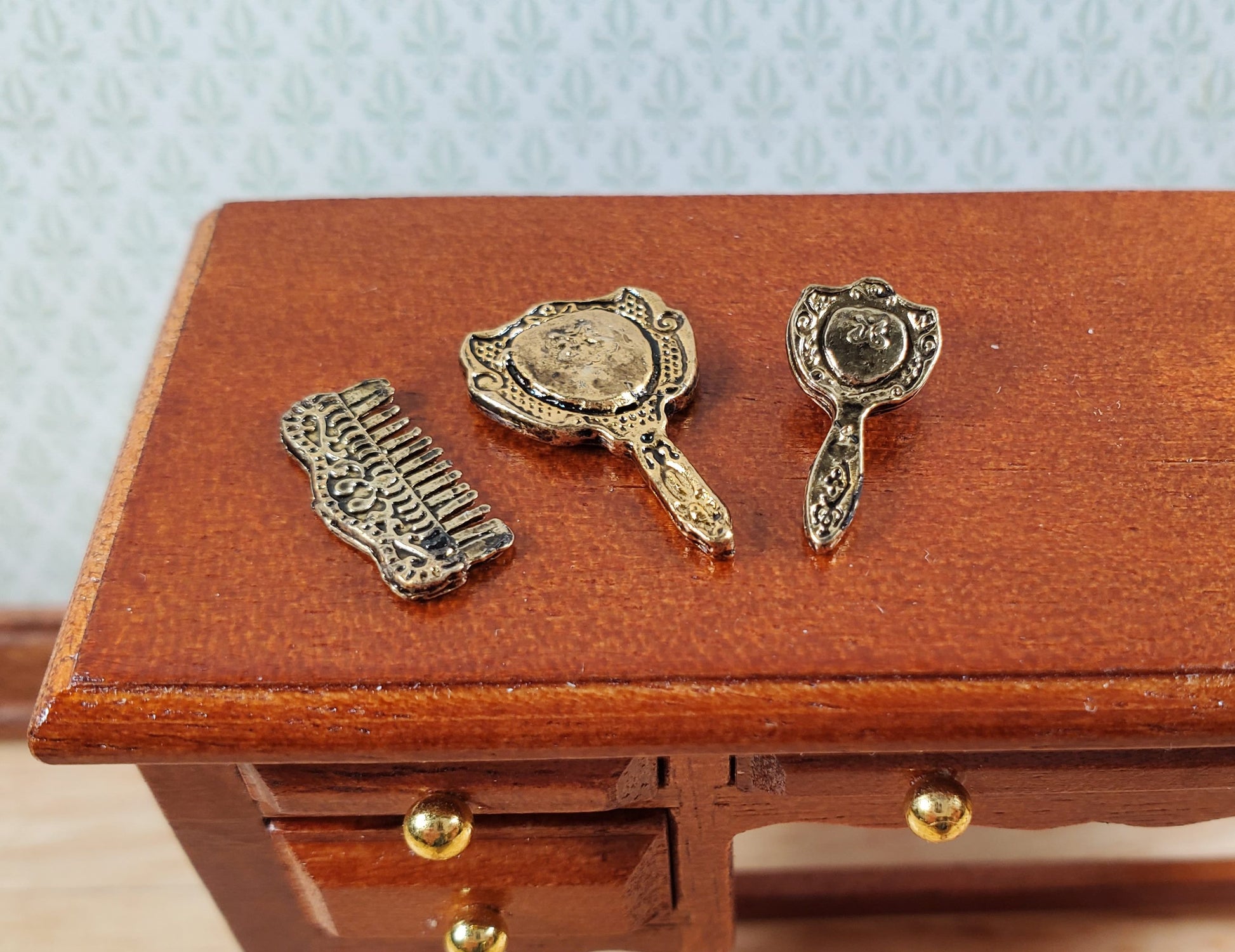 Dollhouse Comb Brush Hand Mirror Vanity Set Antique Gold Metal 1:12 Scale