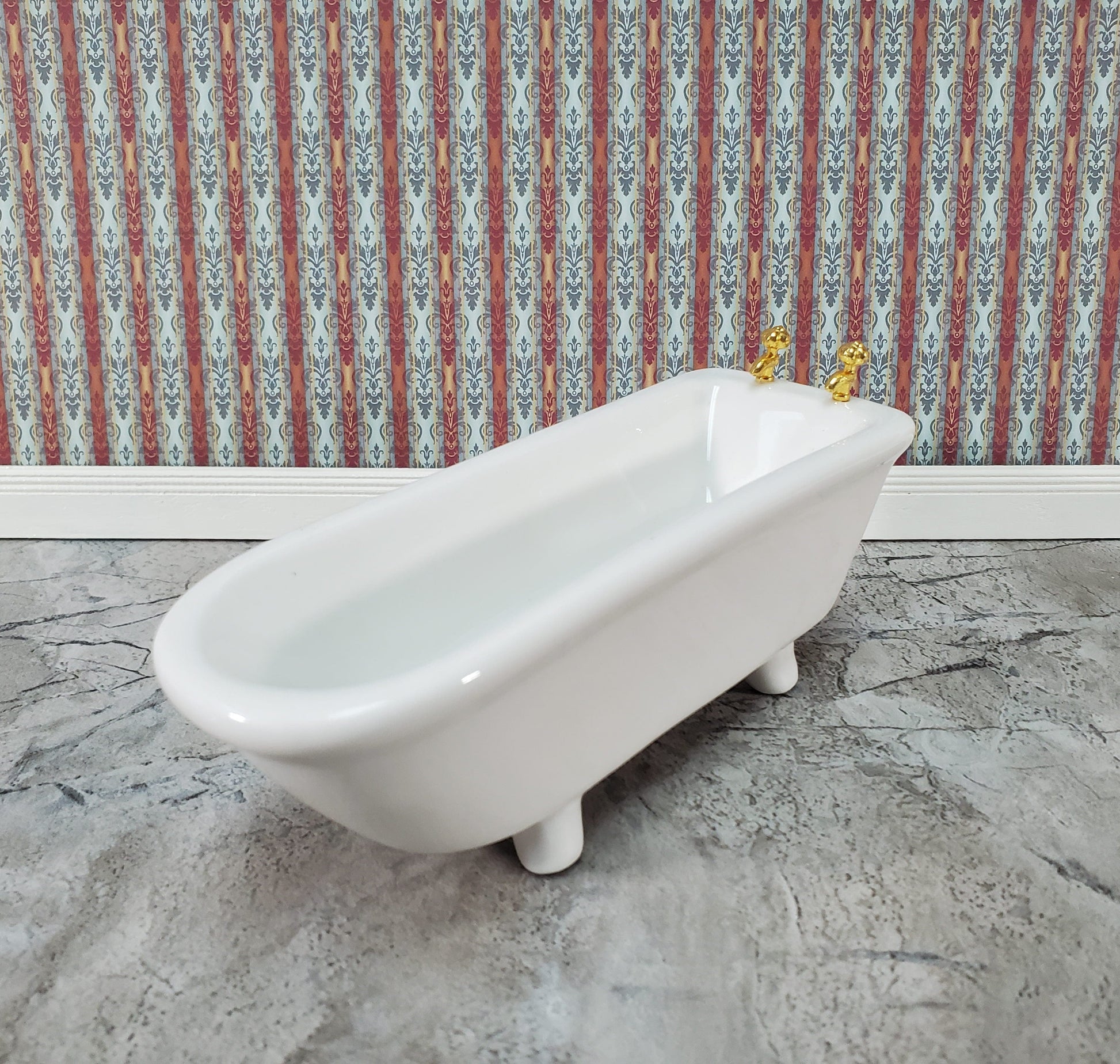 Dollhouse Bathtub Gold Faucets White Ceramic 1:12 Scale Miniature Bathroom Tub