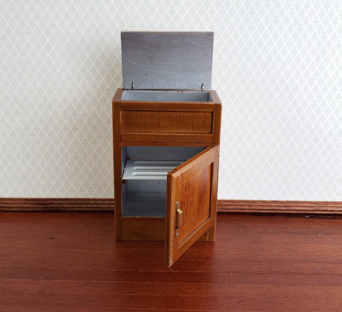 Dollhouse Miniature Ice Box Fridge Light Walnut Finish 1:12 Scale Wood Kitchen