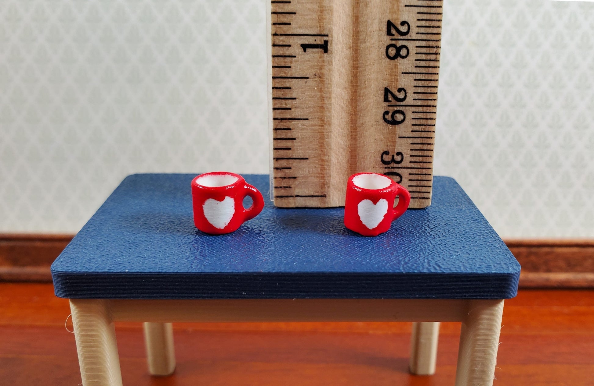 Dollhouse Coffee Mugs Red with White Heart 1:24 Scale Set of 2 Small Dishes